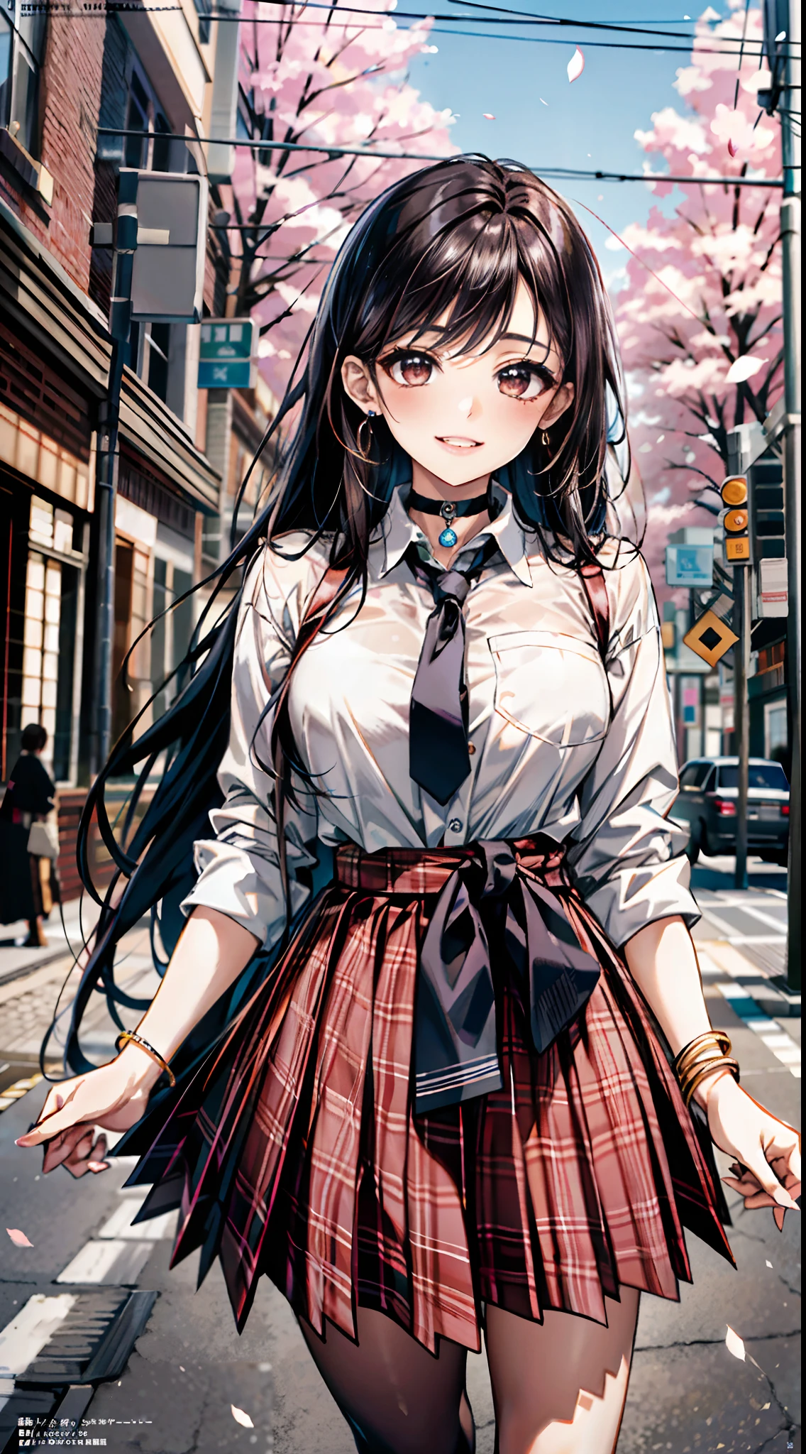 masterpiece, best quality, full body, 1girl, bangs, black choker, black necktie, black hair, blue skirt, blush, bracelet, breasts, choker, clothes around waist, collarbone, collared shirt, cowboy shot, dress shirt, ear piercing, eyebrows visible through hair, gradient hair, grin, gyaru, jewelry, kogal, long hair, looking at viewer, loose necktie, necktie, piercing, plaid, plaid skirt, pleated skirt, red eyes, ring, school uniform, shirt, skirt, smile, solo, white shirt, street, sky, cherry blossoms, petals,illustration, (magazine:1.3), (cover-style:1.3), fashionable, woman, vibrant, outfit, posing, front, colorful, dynamic, background, elements, confident, expression, holding, statement, accessory, majestic, coiled, around, touch, scene, text, cover, bold, attention-grabbing, title, stylish, font, catchy, headline, larger, striking, modern, trendy, focus, fashion,
