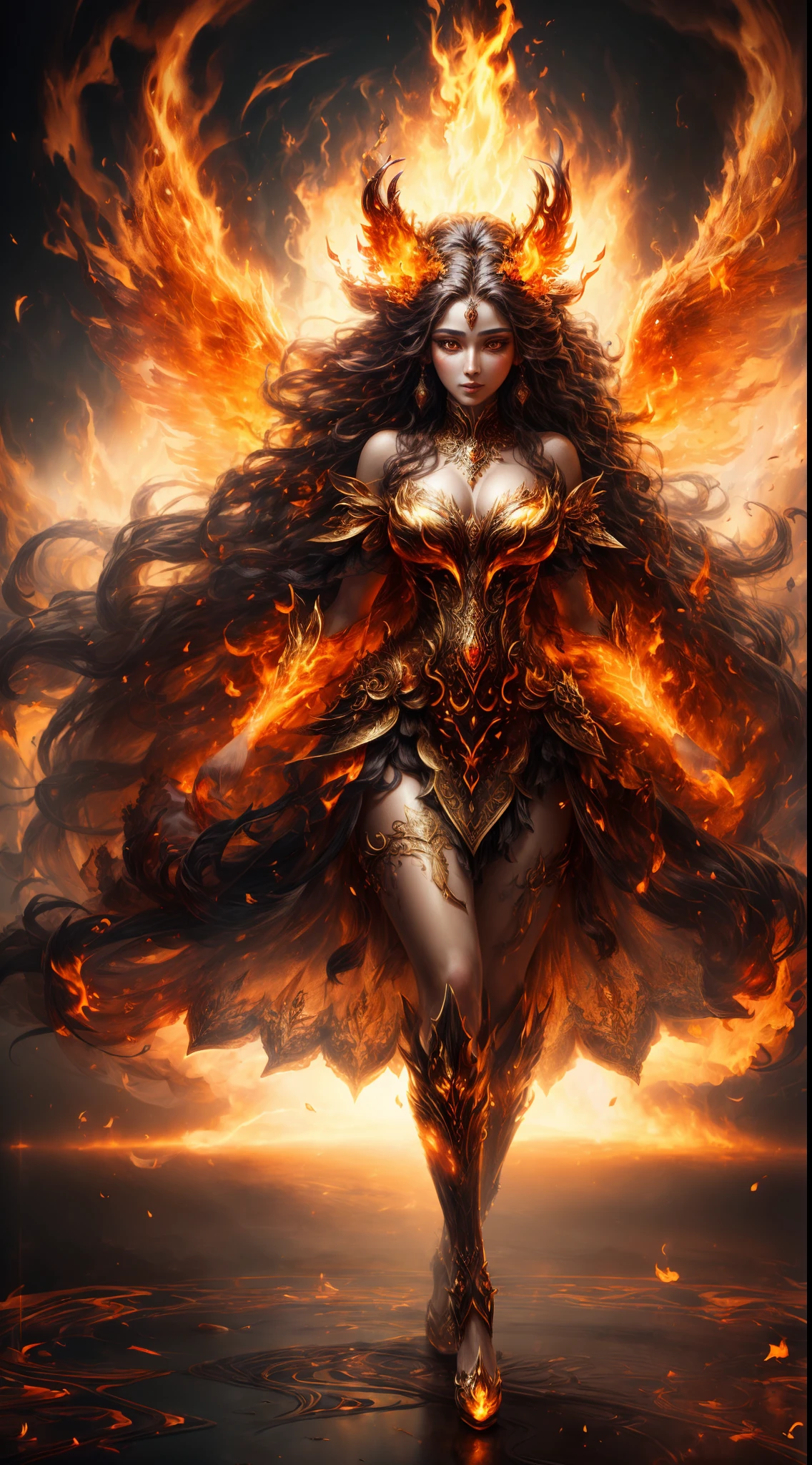 This is a realistic fantasy artwork prominently featuring realistic fire, including wisps of flames, glowing hot embers, subtle curls of smoke, and a beautiful fire druid. The druid stands in the midst of a raging inferno with an interesting composition. ((Her face is expertly sculpted)), with ((elegant and refined features and perfect shading and realistic skin texture)). Her (orange and gold eyes) are stunning and are the focal point of this image. ((Her eyes extremely detailed, beautiful detailed eyes, and macro)). Her eyes feature intricate detailing with clearly defined irises and bright sclera. Her soft lips are smooth and very puffy, and her skin is adorned with a light flush and ornate fire detailing. Her long gown is stunning and expensive, and is made of pure flames and glittering, ornate jewels that glimmer in the fire light. Her billowing gown glitters from the flames and features a delicately and intricately embroidered bodice with wisps of flames running across it. Include fantasy elements like bumps, stones, fiery iridescence, glowing embers, silk, and an interesting background. Include fiery magical creatures such as fiery birds and fiery butterflies that give off a magical and mystical aura. Lighting: Utilize the latest trends in lighting to enhance the artwork's beauty. Camera: Utilize dynamic composition to create a sense of urgency and excitement. Take inspiration from the current masters of the fantasy genre, including trending artists on Artstation and Midjourney. ((masterpiece))