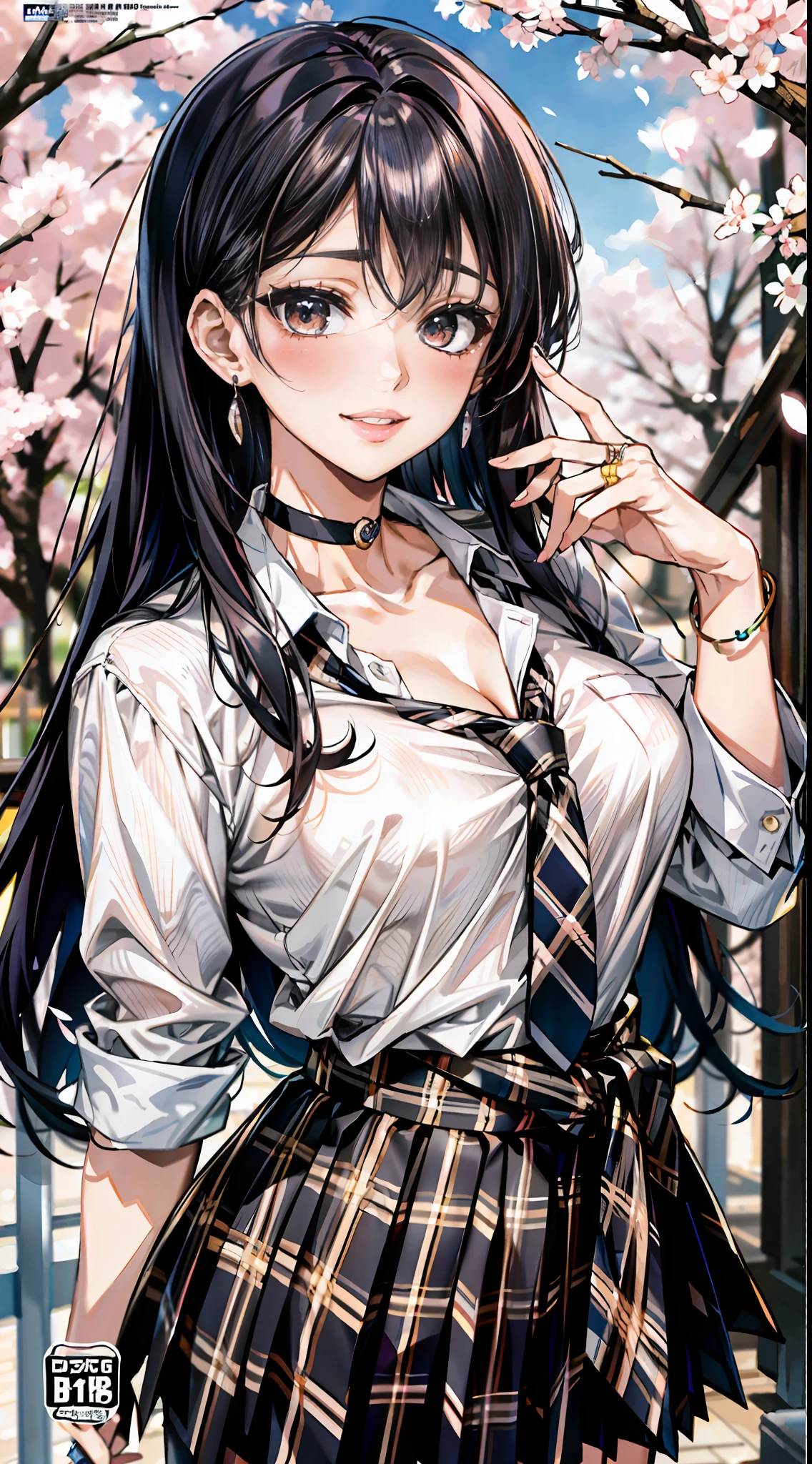 masterpiece, best quality, full body, 1girl, bangs, black choker, black necktie, black hair, blue skirt, blush, bracelet, breasts, choker, clothes around waist, collarbone, collared shirt, cowboy shot, dress shirt, ear piercing, eyebrows visible through hair, gradient hair, grin, gyaru, jewelry, kogal, long hair, looking at viewer, loose necktie, necktie, piercing, plaid, plaid skirt, pleated skirt, red eyes, ring, school uniform, shirt, skirt, smile, solo, white shirt, street, sky, cherry blossoms, petals,illustration, (magazine:1.3), (cover-style:1.3), fashionable, woman, vibrant, outfit, posing, front, colorful, dynamic, background, elements, confident, expression, holding, statement, accessory, majestic, coiled, around, touch, scene, text, cover, bold, attention-grabbing, title, stylish, font, catchy, headline, larger, striking, modern, trendy, focus, fashion,