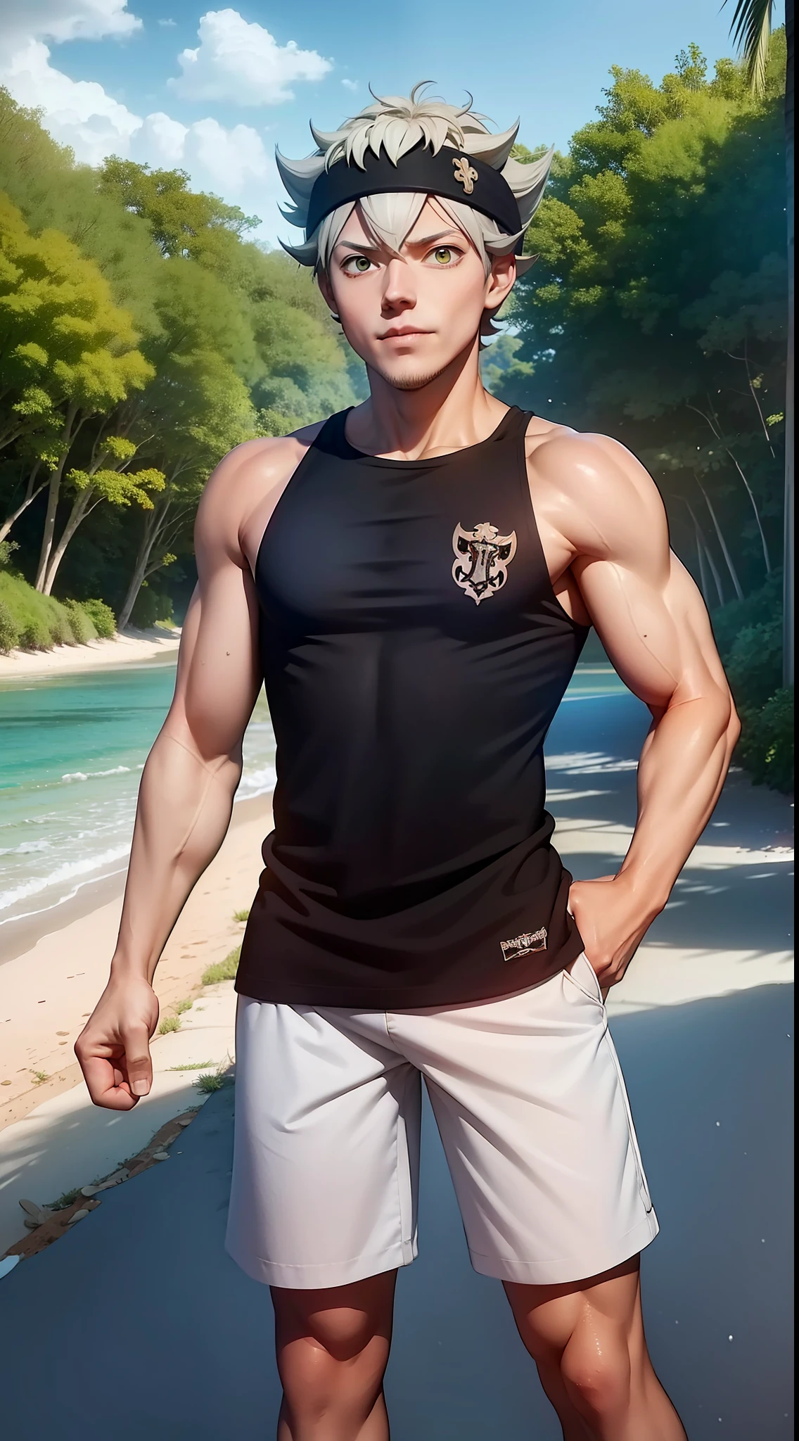 asta from black clover anime, red and white hair, short hair, perfect body, male, handsome man, muscular, slight smile, looking at viewer, wearing dark blue beach pants, at the beach, beach, beautiful beach, daylight, trees coconut, 1080P, HD, best quality, high quality, high details, super detail, masterpiece, 8k