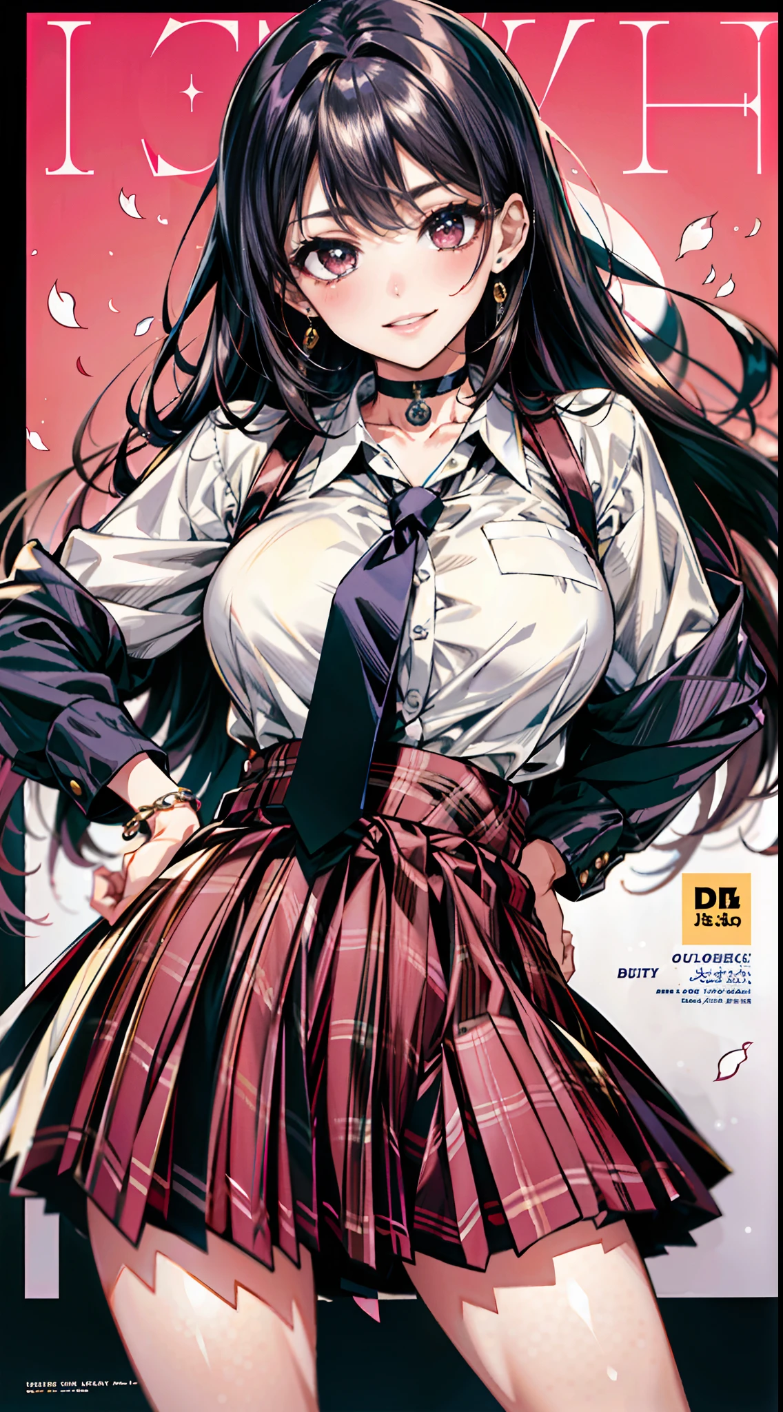 masterpiece, best quality, full body, 1girl, bangs, black choker, black necktie, black hair, blue skirt, blush, bracelet, breasts, choker, clothes around waist, collarbone, collared shirt, cowboy shot, dress shirt, ear piercing, eyebrows visible through hair, gradient hair, grin, gyaru, jewelry, kogal, long hair, looking at viewer, loose necktie, necktie, piercing, plaid, plaid skirt, pleated skirt, red eyes, ring, school uniform, shirt, skirt, smile, solo, white shirt, street, sky, cherry blossoms, petals,illustration, (magazine:1.3), (cover-style:1.3), fashionable, woman, vibrant, outfit, posing, front, colorful, dynamic, background, elements, confident, expression, holding, statement, accessory, majestic, coiled, around, touch, scene, text, cover, bold, attention-grabbing, title, stylish, font, catchy, headline, larger, striking, modern, trendy, focus, fashion,