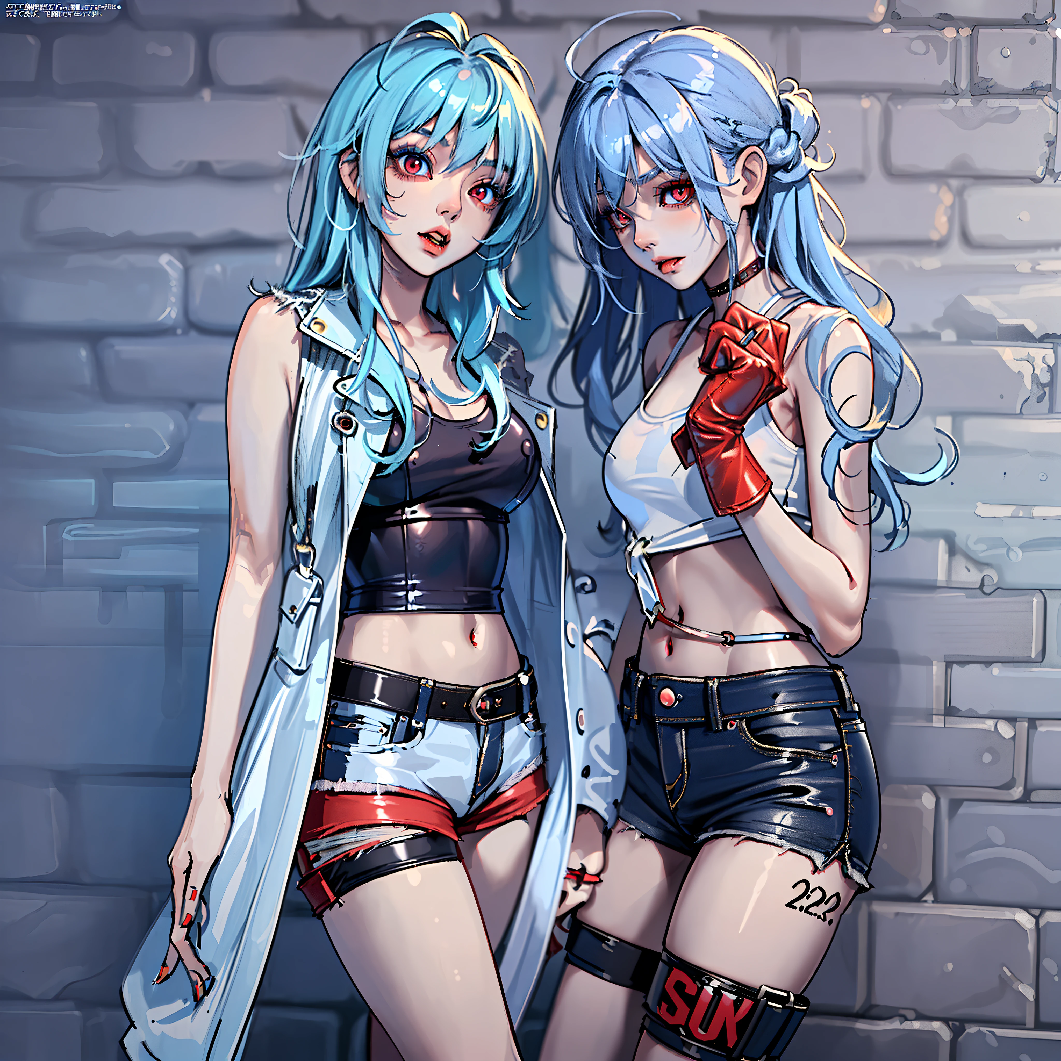 Girl modeling for a magazine、(lightblue hair、Red Eyes、a navel、Short leather jeans、Leather shorts、Twin-tailed)、Sexy Pose 1:2