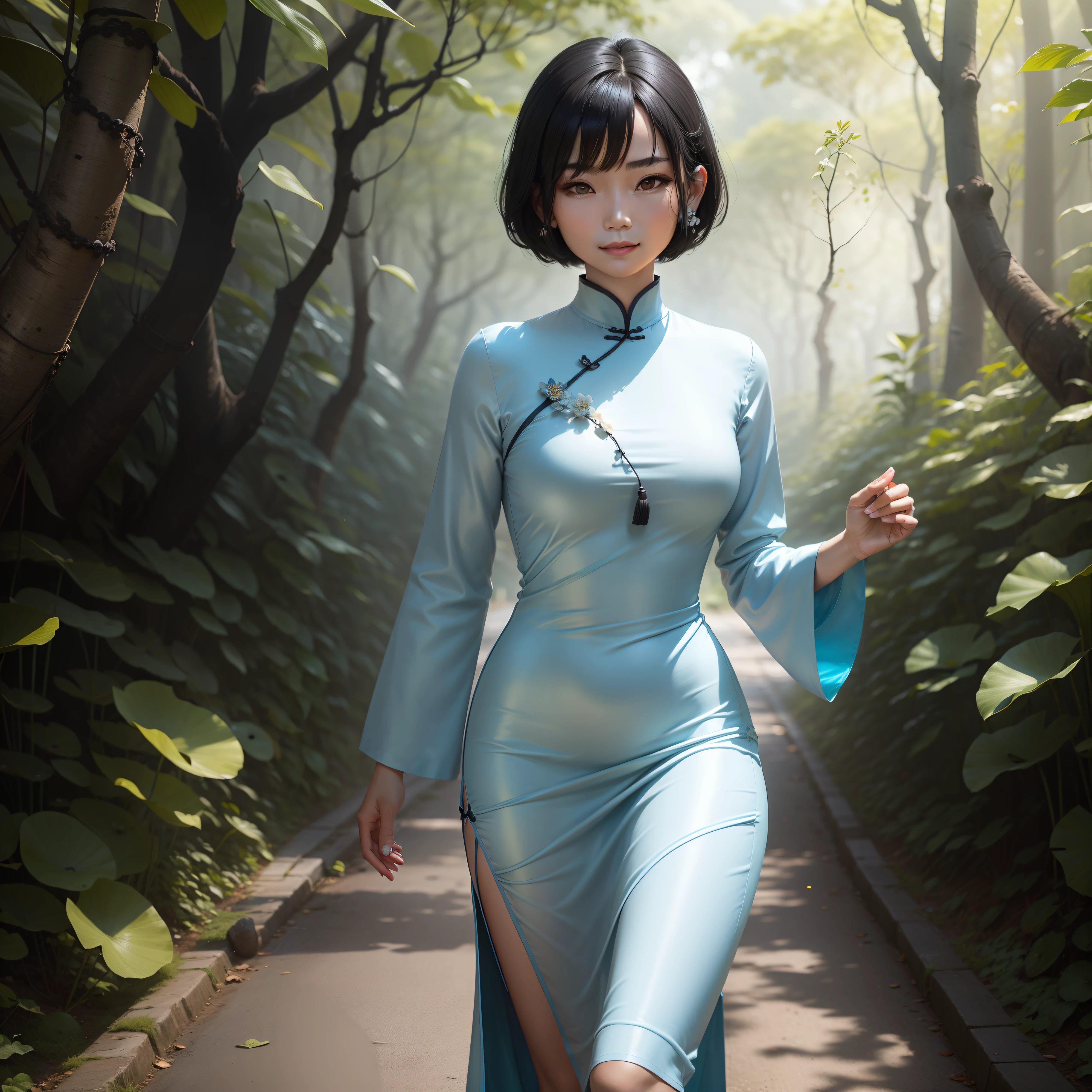 with short black hair，Wearing a light blue lotus cheongsam dress，A slight smile appeared on Qingjing's face，Red rosary in hand，Walk on lush forest trails