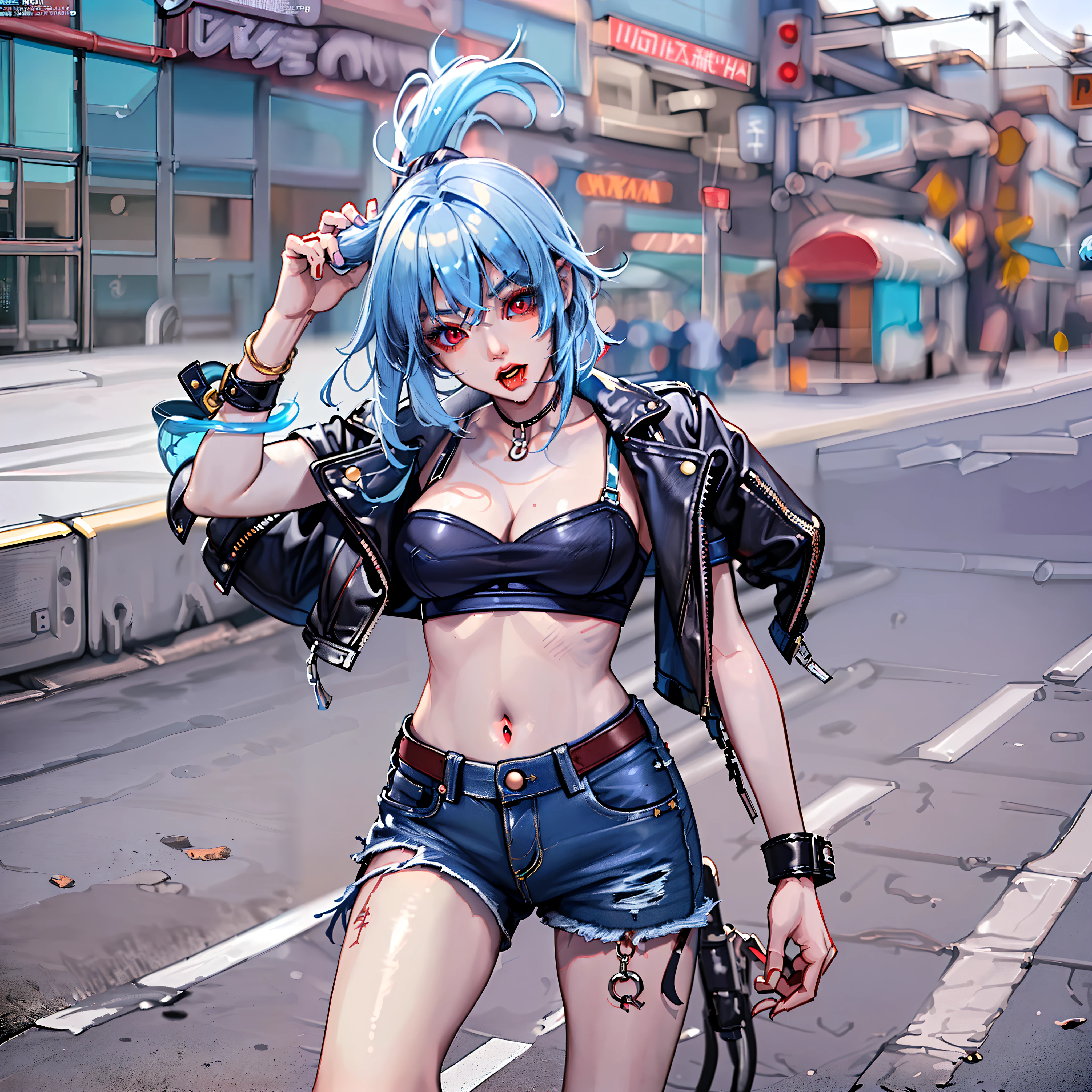 Girl modeling for a magazine、(lightblue hair、Red Eyes、a navel、Short leather jeans、Leather shorts、Twin-tailed)、Sexy Pose 1:2