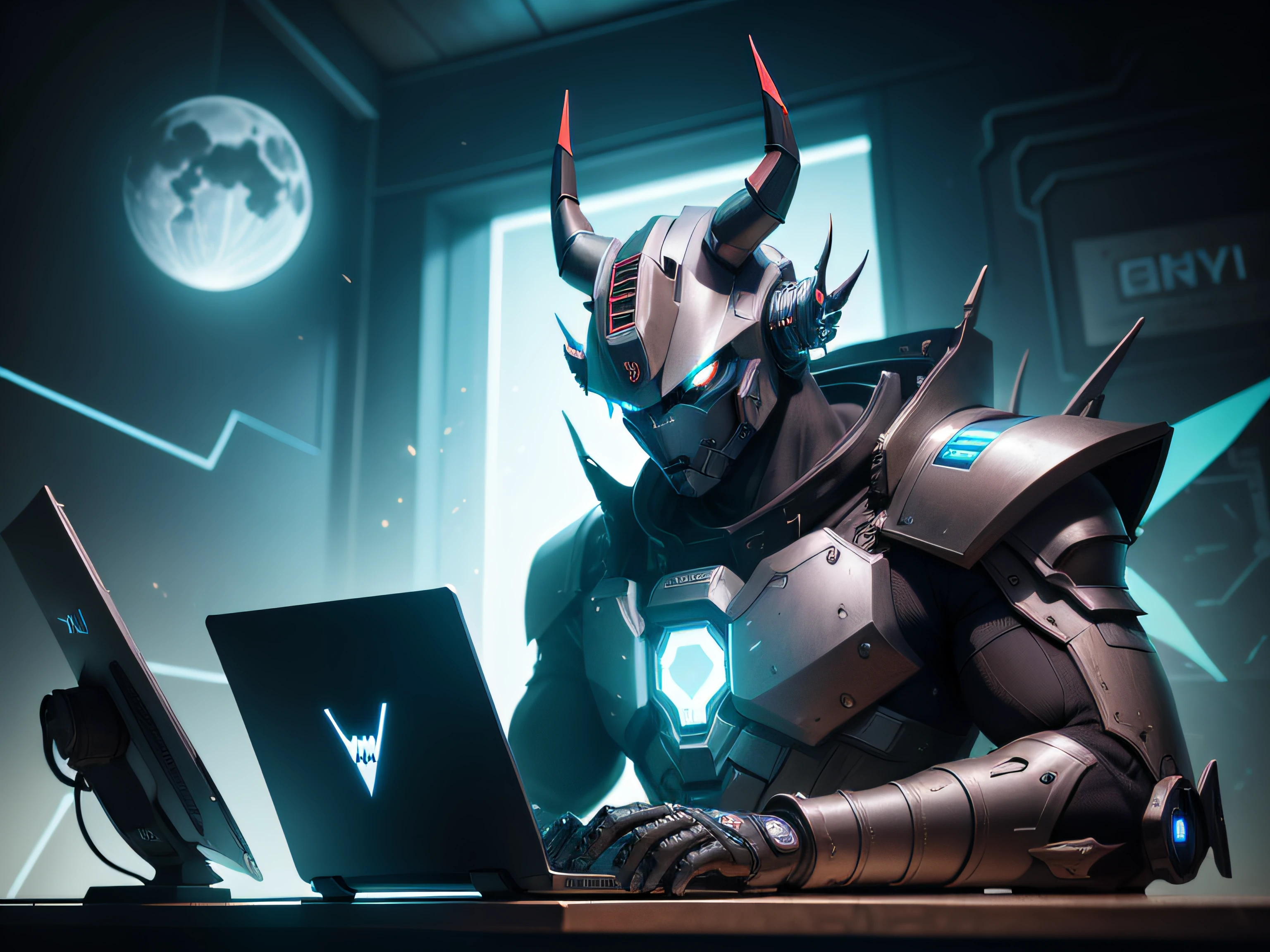 There is a robot with horns sitting on a table,Operate the laptop(Computer Marking:FLY), cyborg jackalope cyberpunk, moon bull samurai, nasus, black bull samurai, blue tiefling, 3 d render official art, hyper bullish, cyber noir, PC Wallpapers, Portrait of a cyborg dragon, Stylized concept art, in a horned helmet,The background wall has"FLY"Logo glow effect