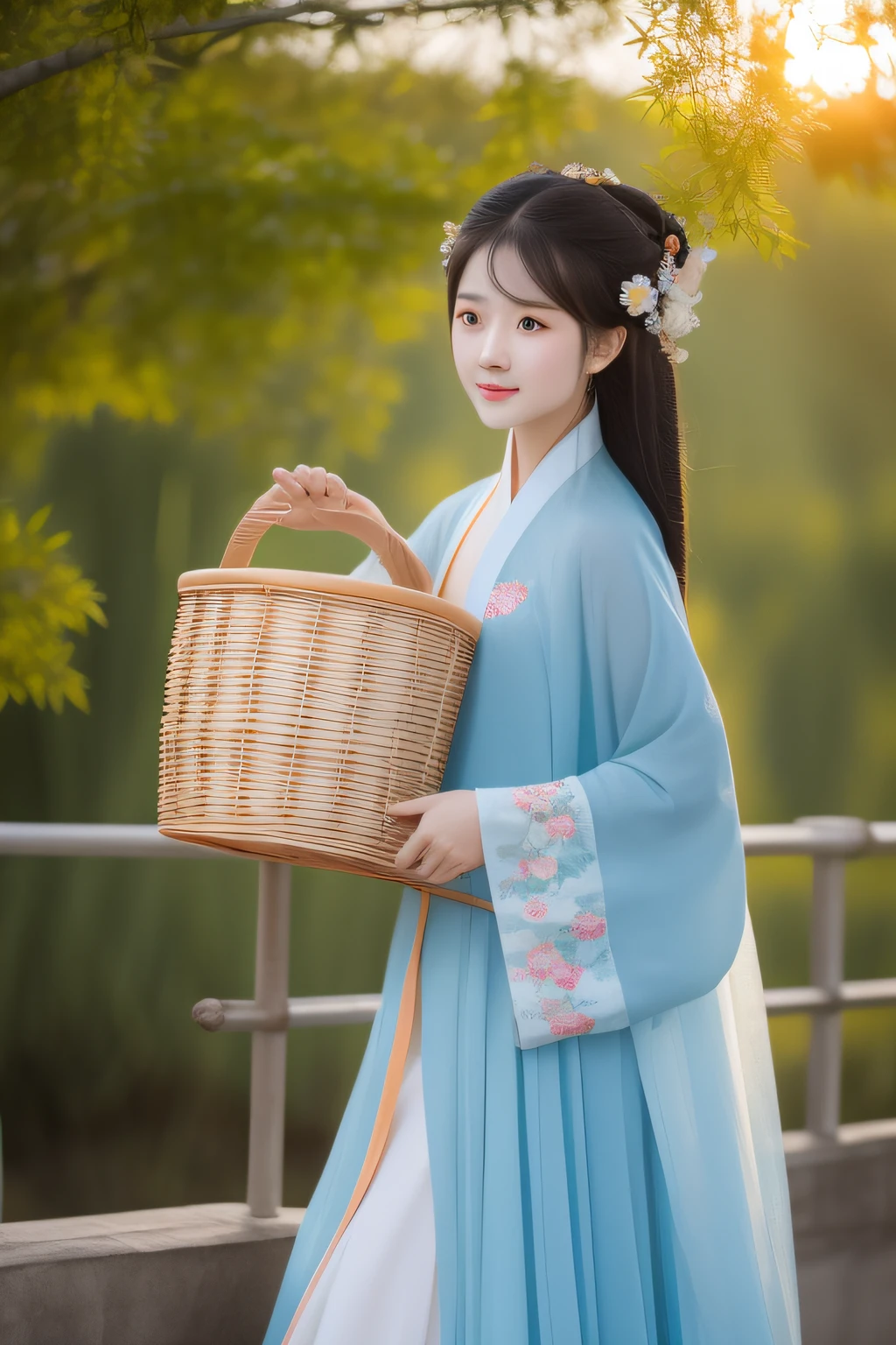 The sky is full of sunsets, The Hanfu woman walked slowly carrying a basket full of bamboo shoots, She has delicate facial features