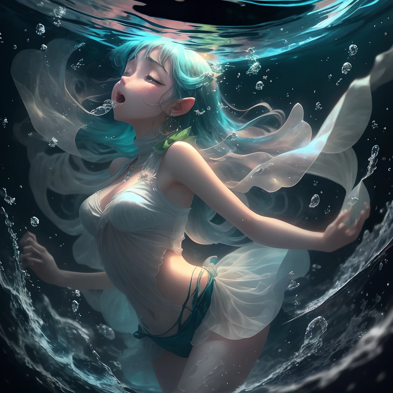 １Mannelf、Dancer's clothes、Young Elves、Fluttering clothes、See-through,Implicit panty shots,Translucent clothes、length hair、bright green hair、Open your eyes、Wow、struggle、suffer、look up to、Flapping limbs、uneasy、terrorism、hopelessness、Rounding the body、Open your mouth wide、exhale、tremble for、hard breathing、convulsions、Exhale through your mouth、Twisting the body、bending limbs、both hands on chest、Freediving、Hold your chest with your hands、Jump into the water、abyssal、Stroking your chest with both hands、Dive to the bottom of the ocean,Hold your chest、Planktonic,Sinking to the bottom of the water、Looked、Opened mouth、Pointed upwards、leaning-forward、Forward leaning position、Twisted body、Arched back、twisted hips、bending the body、rounded upper body、I turned around my body、Wriggled the whole body、Legs open、Arms raised、Legs swam、Arched hips、Belly dance、opened legs、Swinging hips and dancing、profile、Sensational dance、bblurry,Struggling hard、Falling、Many bubbles、Intense bubbles、dynamic ungle、upper angle、Cute art style, Highly detailed artwork,anime in fantasy style, Stylized anime,anime cover, anime fantasy illustration, Anime Artwork, Anime Art Style, beautiful anime art style