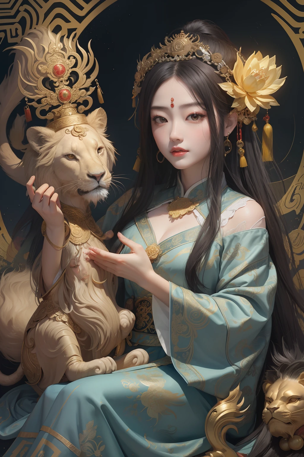 an ancient Chinese goddess, guanyin of the southern seas, Guanyin, Inspired by China, Avalokiteshvara rides an old lion，,Serene expression,shui mo hua,Buddha,Buddhist,Lotus,Chinese painting style,Thangka style