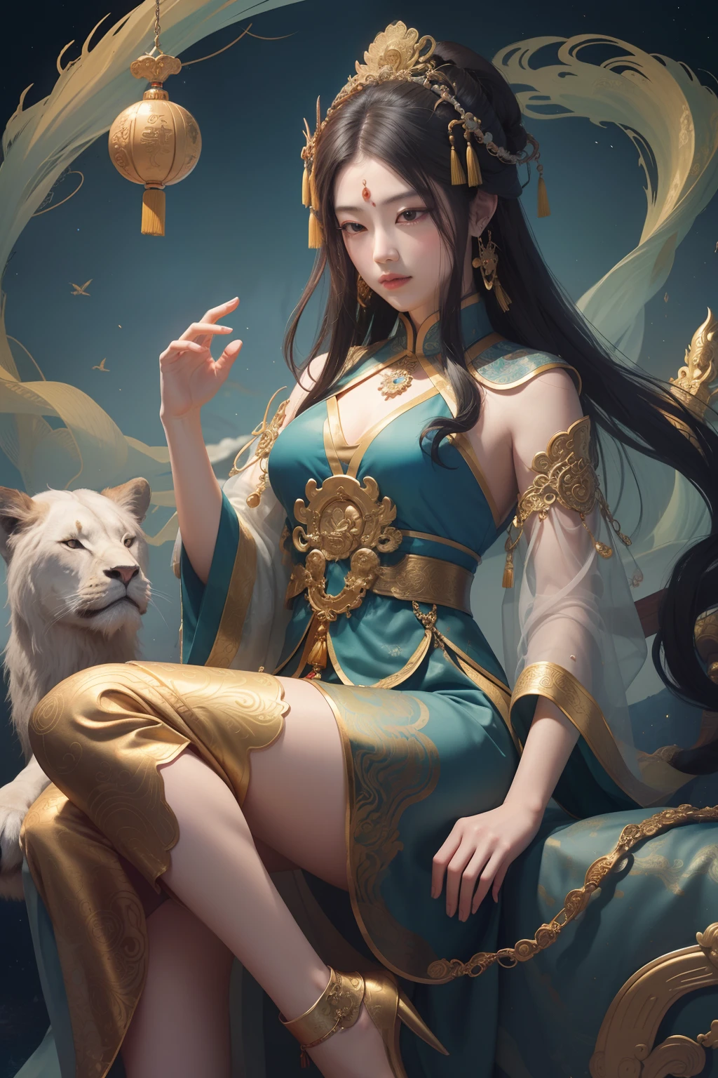an ancient Chinese goddess, guanyin of the southern seas, Guanyin, Inspired by China, Avalokiteshvara rides an old lion,,Serene expression,shui mo hua,Buddha,Buddhist,Lotus,Chinese painting style,Thangka style