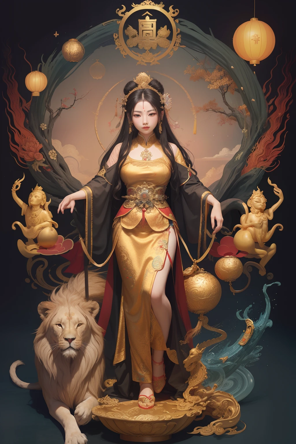 an ancient Chinese goddess, guanyin of the southern seas, Guanyin, Inspired by China, Avalokiteshvara rides an old lion,,Serene expression,shui mo hua,Buddha,Buddhist,Lotus,Chinese painting style,Thangka style