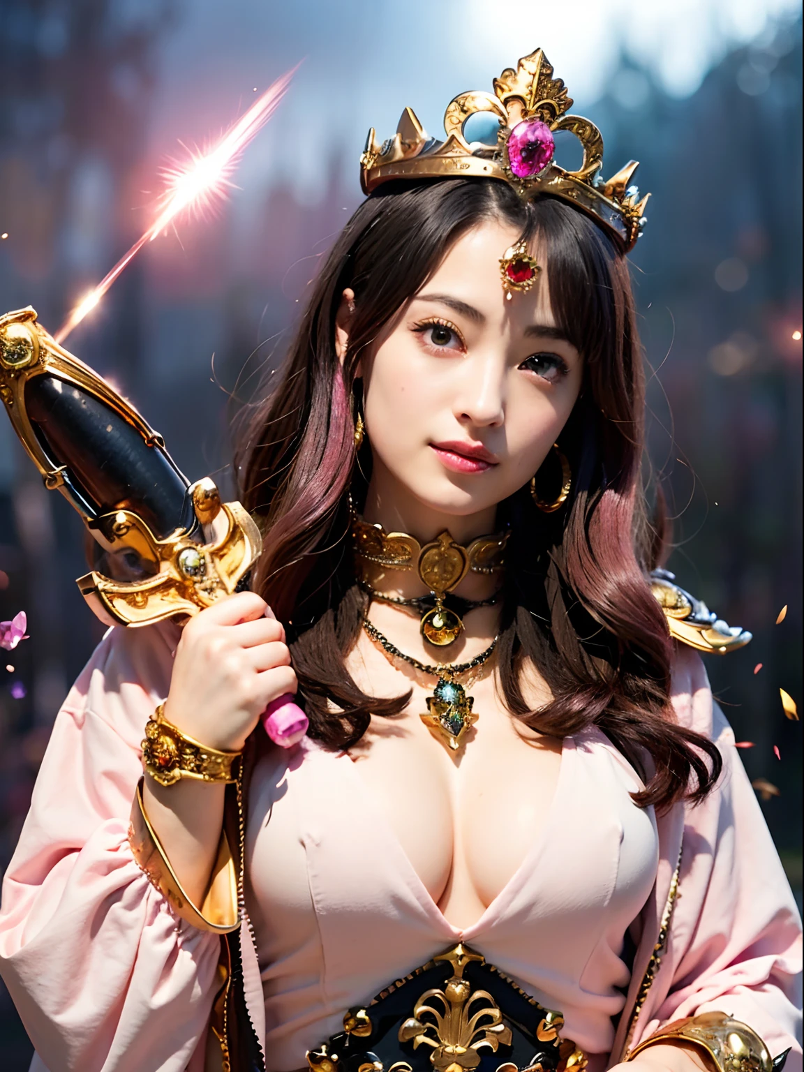 (masutepiece), Professional , ​masterpiece、top-quality、photos realistic , depth of fields （Gemstone Silver Metal Body:1.９),(Matte Pink、Particles of light、Jewel Gold Weapon（Jewel Metal Body:1.４),Gorgeous metal weapons , Detailed Sword of the Brave , Beautiful knife   ,warhammer 40k , adepta sororitas,Detail and ornate jewel crown、Black hair、Gangle's forest background、Beautiful Caucasian beauty、１a person、dynamic ungle,(((Detailed and ornate diamond crown)))、Smaller head、A smile、Take a  pose、Background inside the castle、Thin and beautiful female hands、