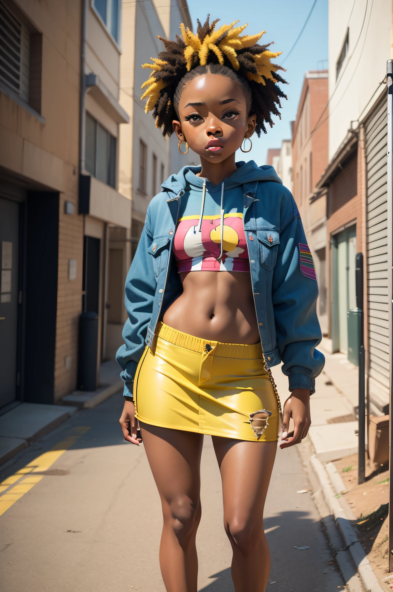 new video for an urban song featuring a young African American girl, in the style of vibrant comics, street style realism, neo-geo, cut/ripped, yellow, queer academia, marvel comics