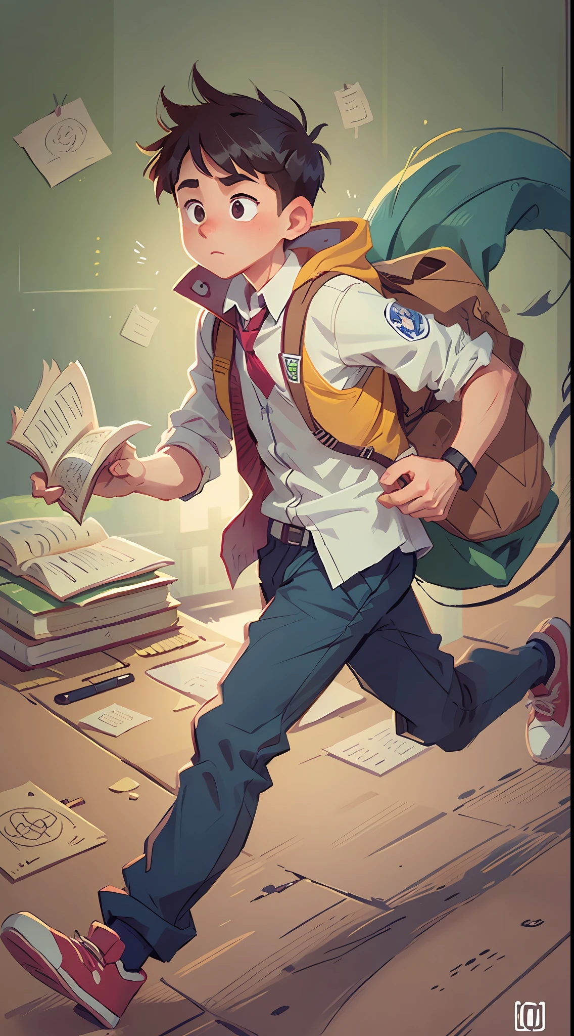A cartoon image of a young man in a school uniform holding a book, 2. 5 d illus, typical cryptocurrency nerd, 2 d illustration, 2D illustration, full bodyesbian，Running