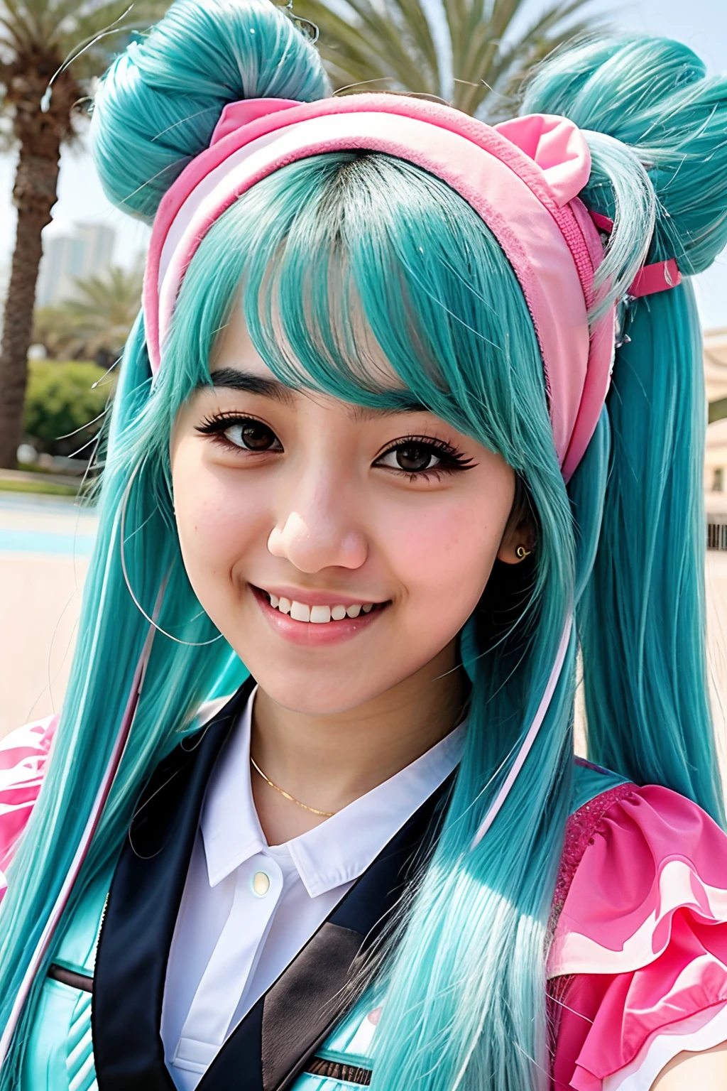 instagram photo, closeup face photo of teen Arab Chinese girl, in Hatsune Miku Costume, (smile:0.4), hard shadows