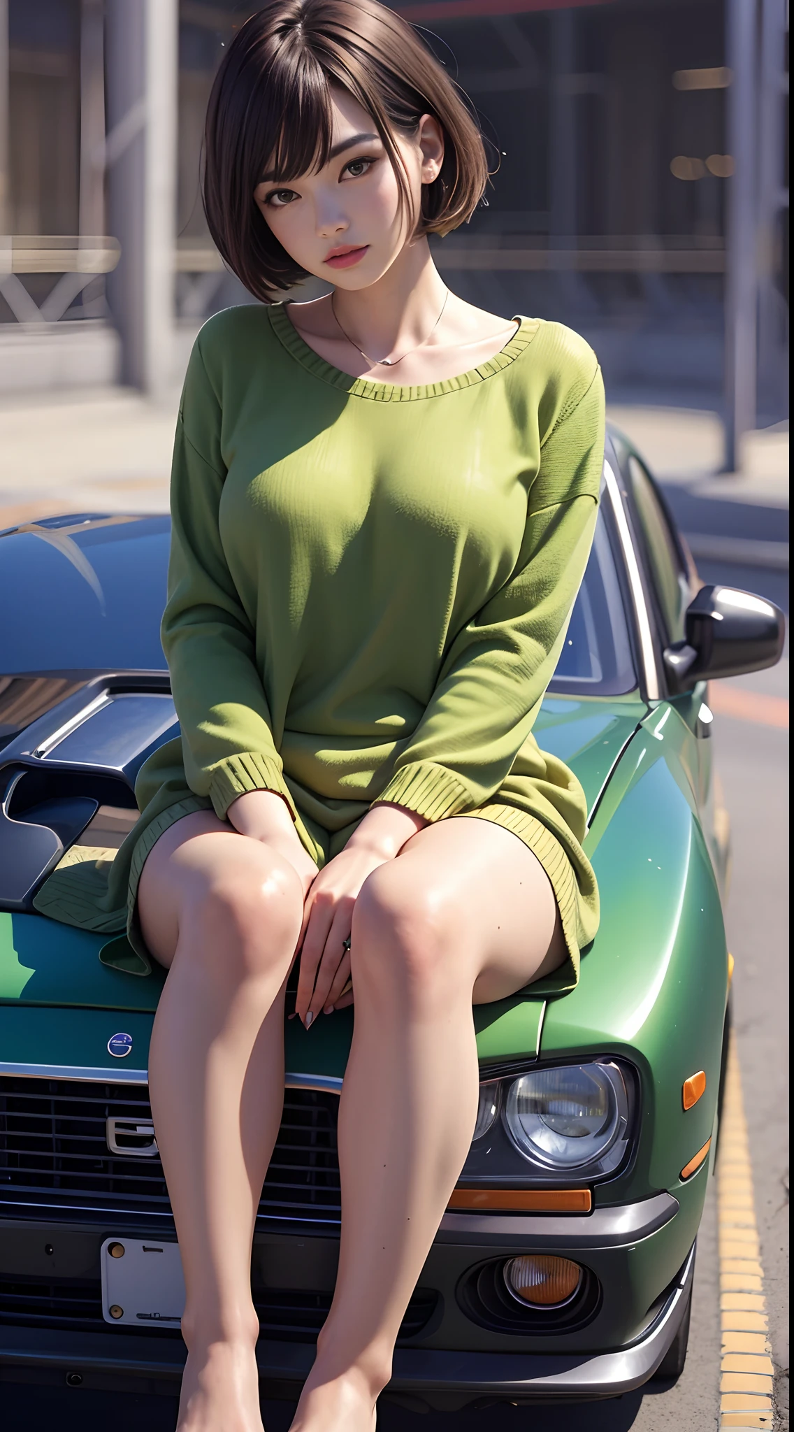 Hyper realistic, photo realistic, girl full body, short hair, bangs, green gradient black hair, sitting on car seat, naked, legs up, no clothes, detailed genitals, realistic
