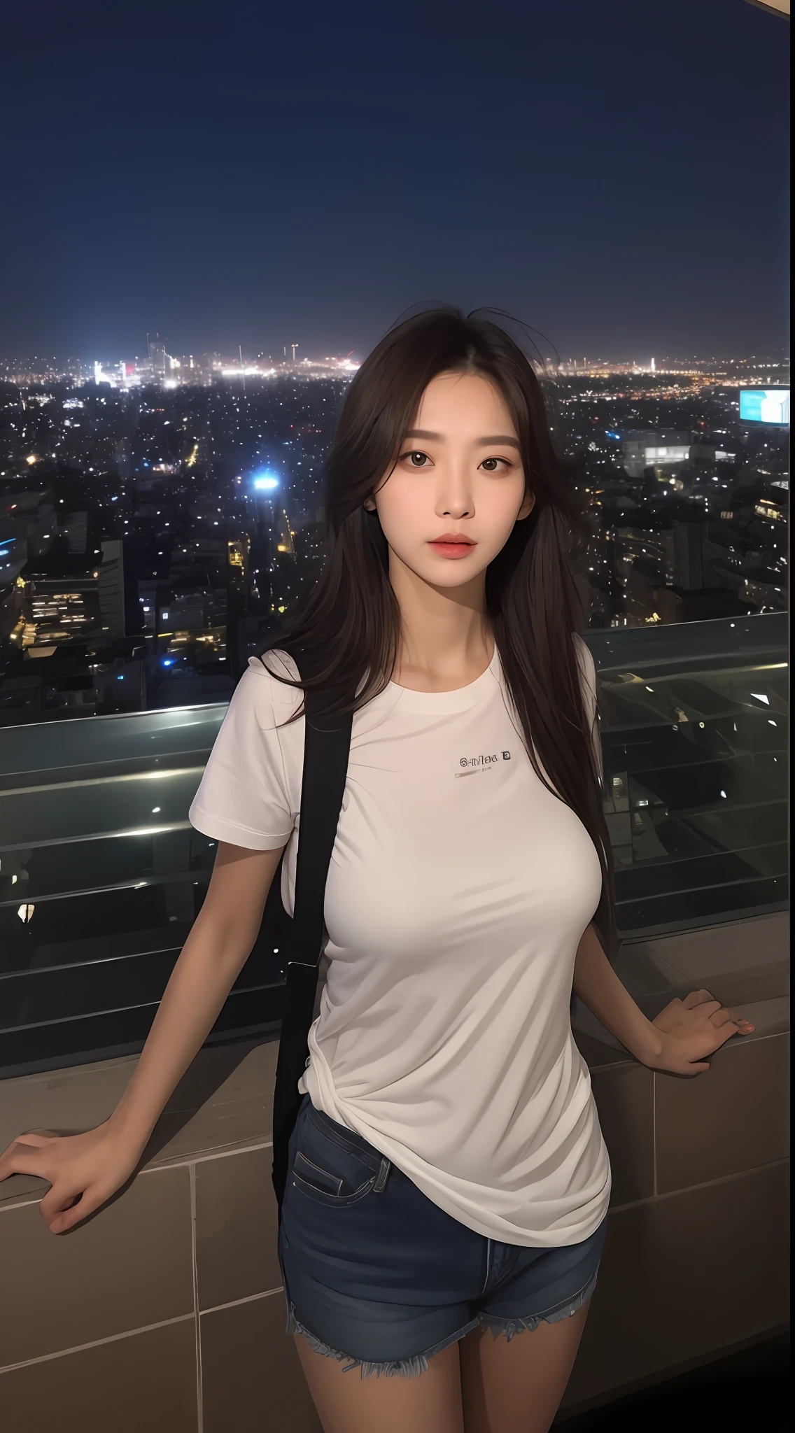 ((Midnight, Best quality, 8k, Masterpiece :1.3)), Whole body, Long legs, Sharp focus :1.2, A pretty woman with perfect figure :1.4, Slender abs :1.1, ((Dark brown hair, Big breasts :1.2)), (White tight tshirt, Jean bib, Standing:1.2), ((Night city view, Rooftop:1.3)), Highly detailed face and skin texture, Detailed eyes, Double eyelid