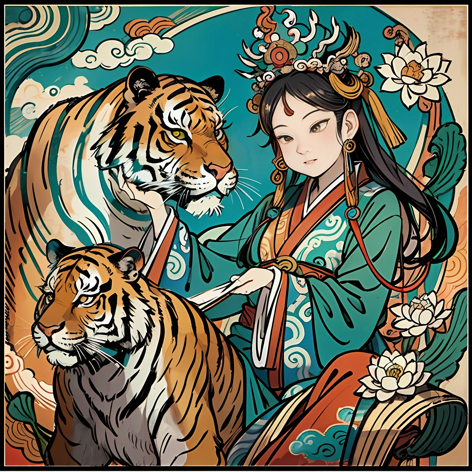 an ancient Chinese goddess, guanyin of the southern seas, Guanyin, Inspired by India, Avalokiteshvara rides a tiger，,Serene expression,shui mo hua,Buddha,Buddhist,Lotus,Chinese painting style,Thangka style