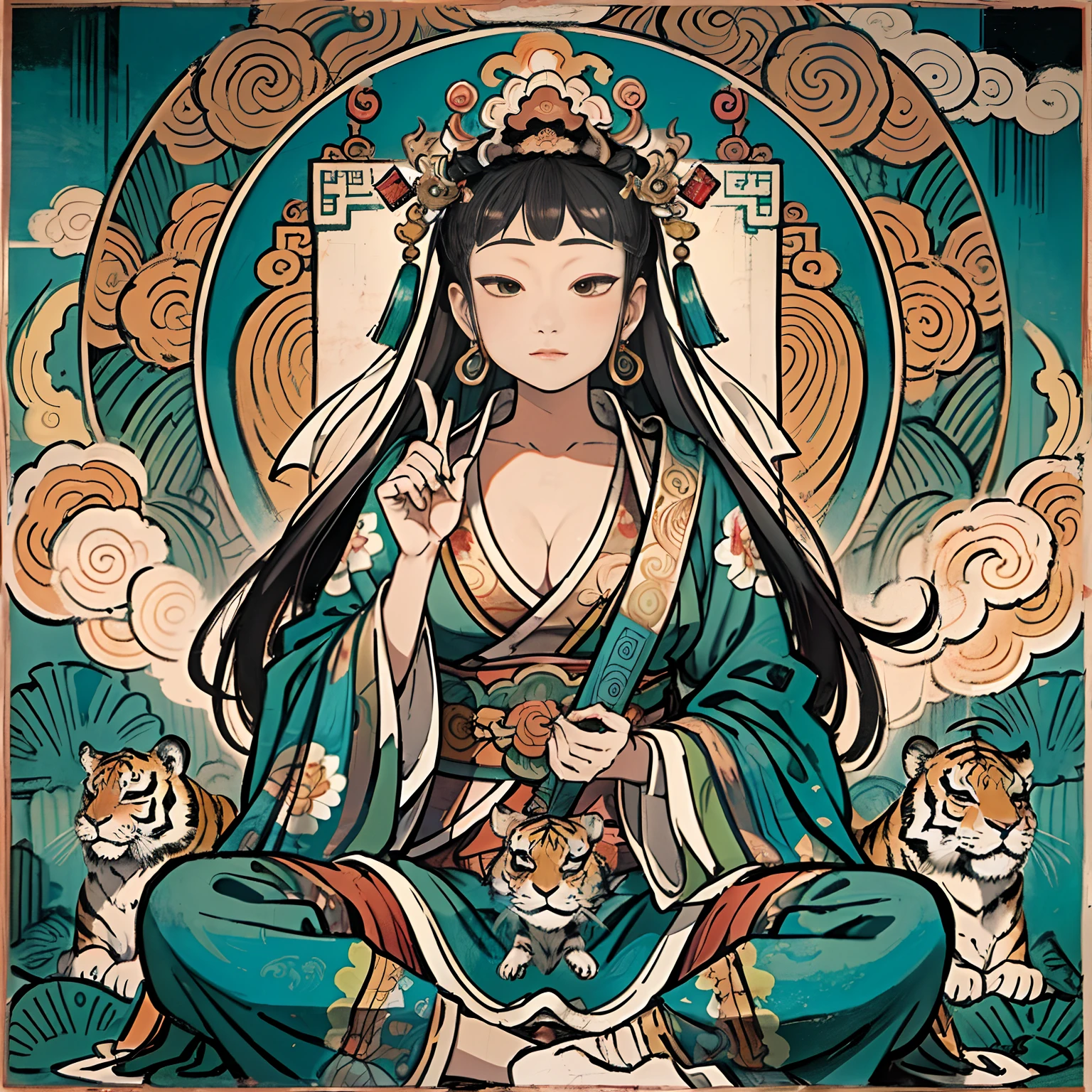 an ancient Chinese goddess, guanyin of the southern seas, Guanyin, Inspired by India, Avalokiteshvara rides a tiger，,Serene expression,shui mo hua,Buddha,Buddhist,Lotus,Chinese painting style,Thangka style