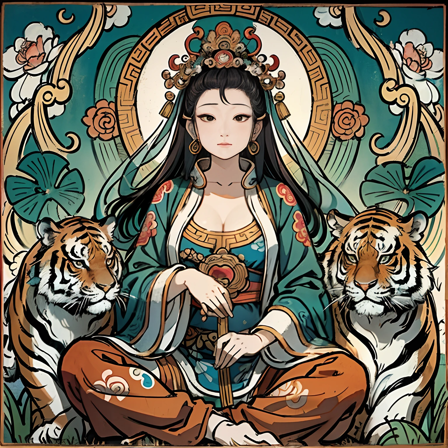 an ancient Chinese goddess, guanyin of the southern seas, Guanyin, Inspired by India, Avalokiteshvara rides a tiger,,Serene expression,shui mo hua,Buddha,Buddhist,Lotus,Chinese painting style,Thangka style
