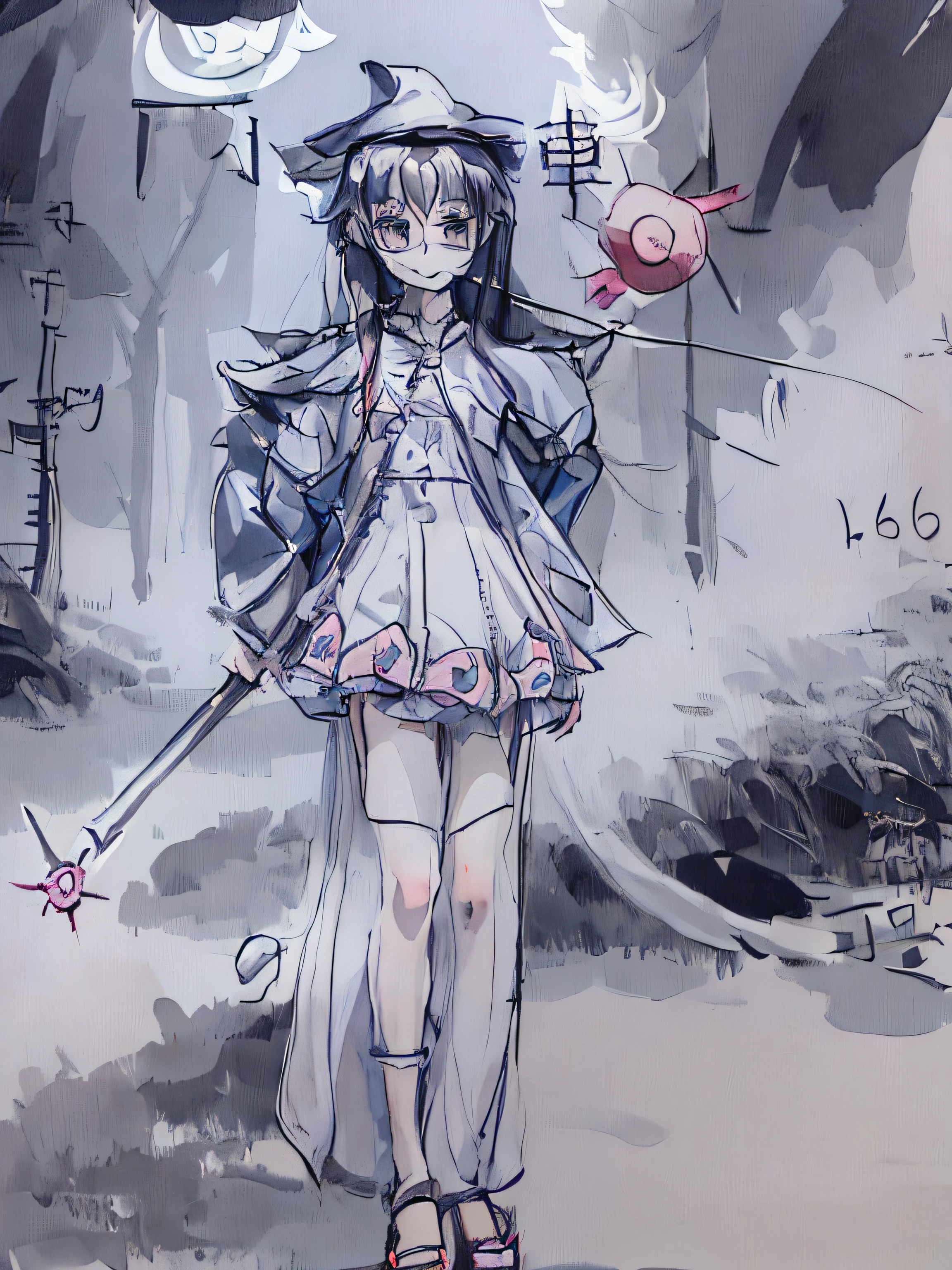 Sketch of a girl in a dress and hat with a stick,, style of magical girl, an anime drawing, anime sketch, Full body character drawing, Anime Paintings,