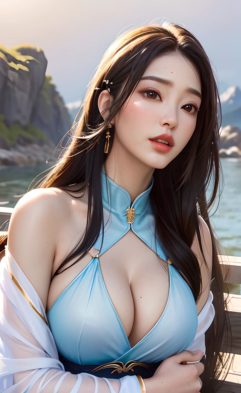 The upper part of the body, tmasterpiece, Need, (Hyper-realistic:1.4), A high resolution, long whitr hair, Jewelry hairpins,  enhancement, Riverside rocks or temples or bridges, Hanfu, ssee-through