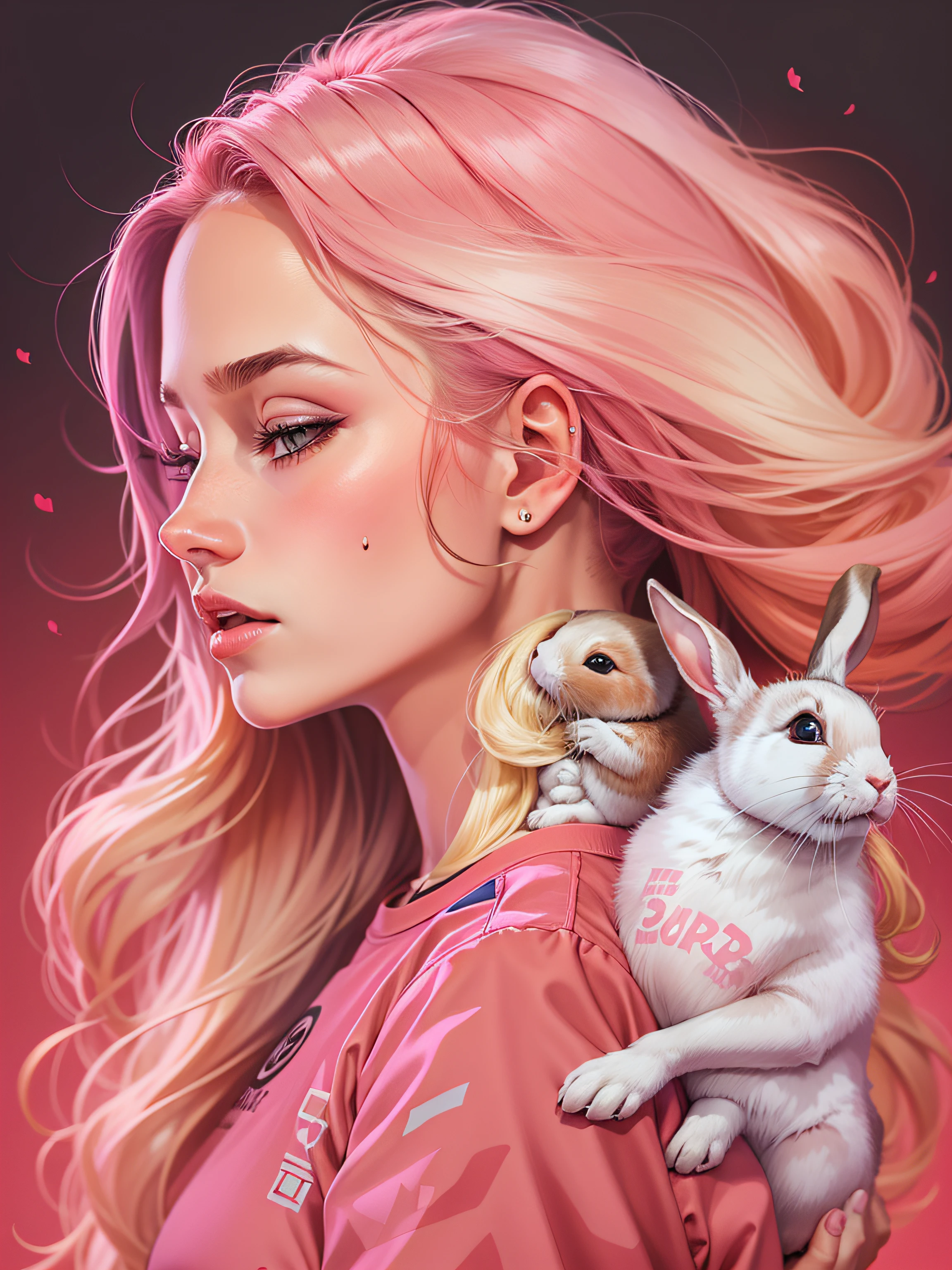 woman with rabbits wearing pink fashion outfit with long blonde hair, realistic style image surrounded by vibraprint ready vector t-shirt design, white background, side view, sticker, clean white background, professional vector, high detail, t-shirt design , vibrant.
