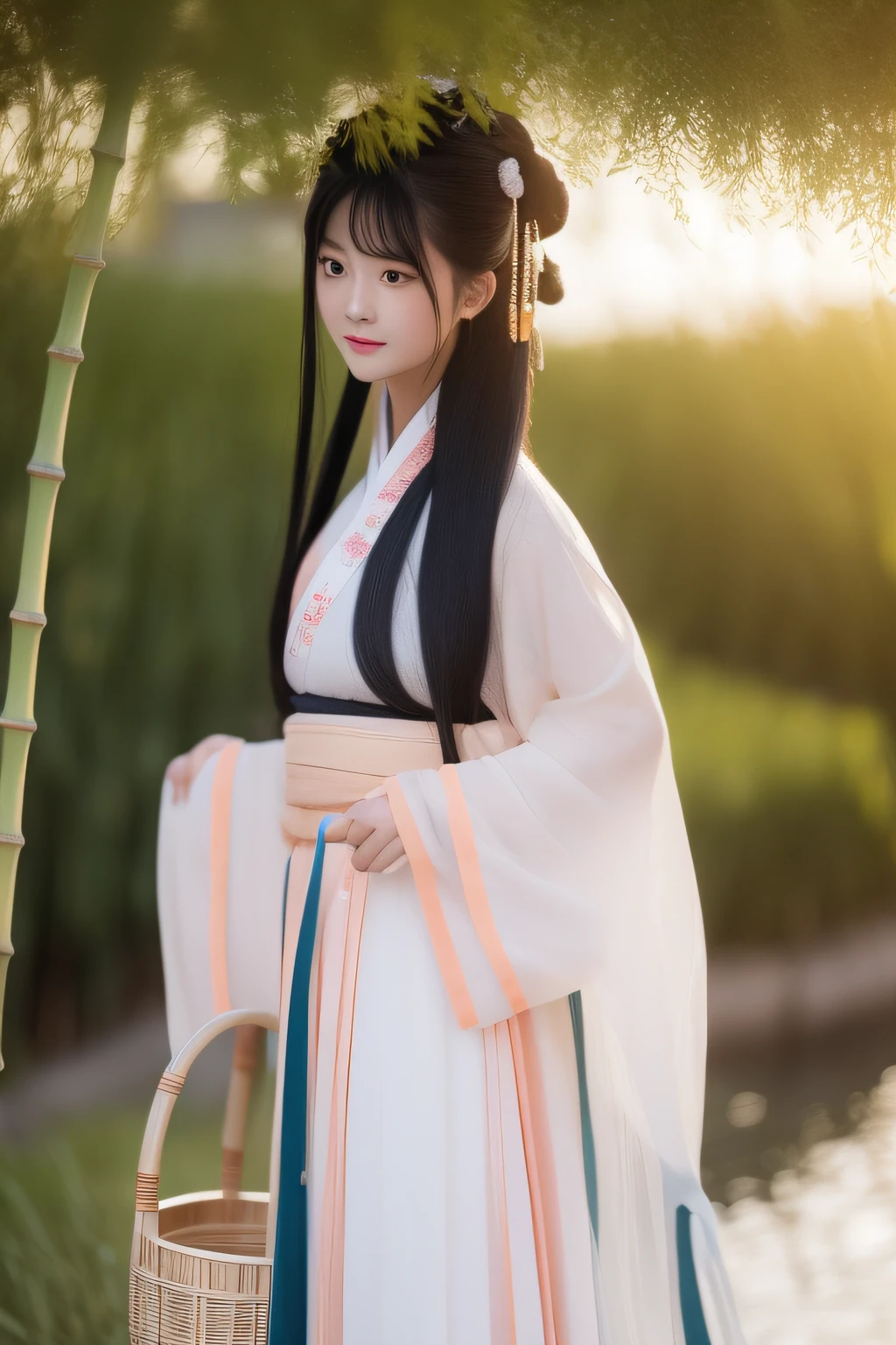 The sky is full of sunsets, The Hanfu woman walked slowly with a basket full of bamboo shoots, She has delicate facial features