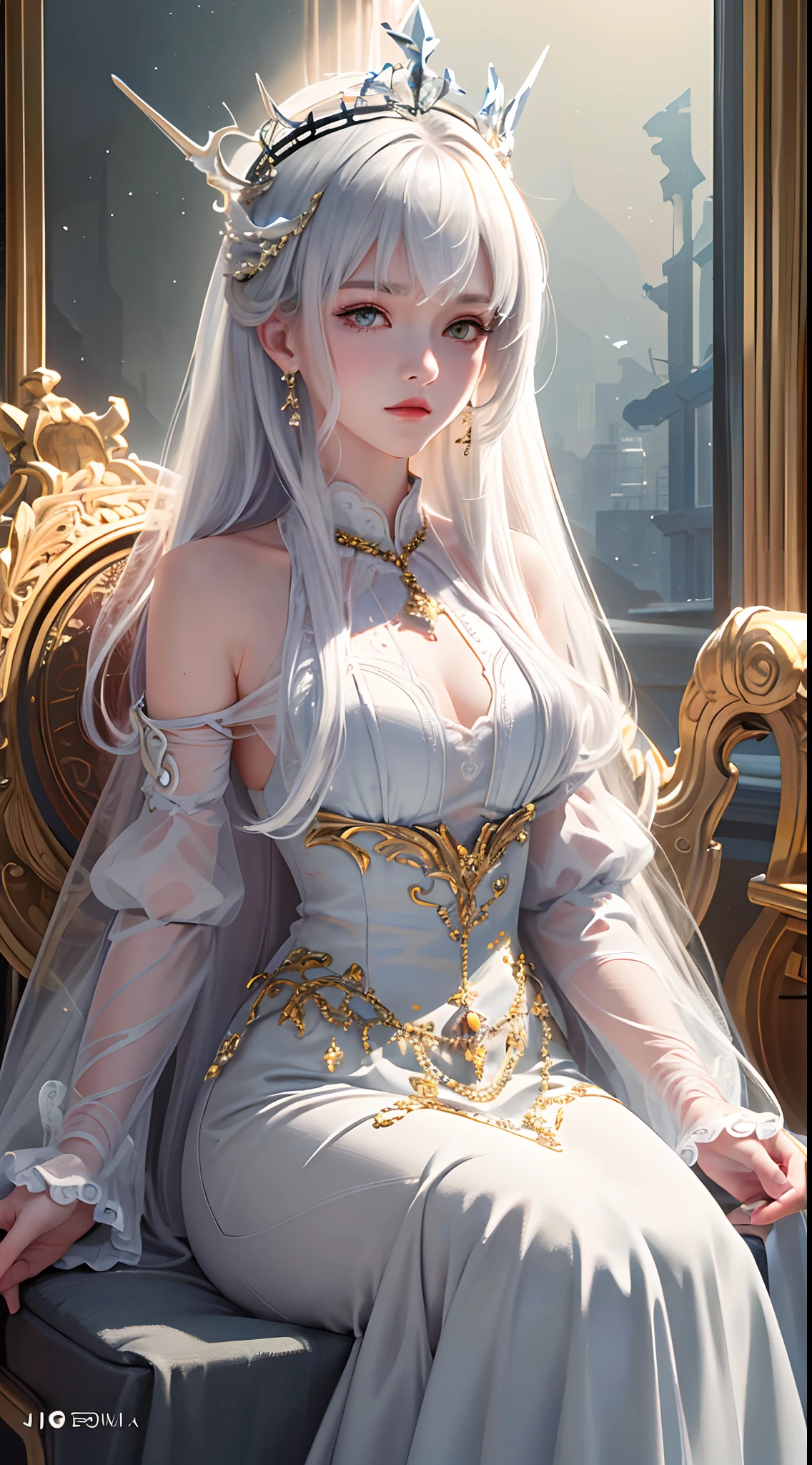 (Masterpiece:1.2), best quality, (illustration:1.2), (ultra-detailed), hyper details, (delicate detailed), (intricate details), (cinematic light, best quality Backlights), clear line, from below, soloist, perfect body, (1girl), white hair and yellow eyes, (emperor, black see-through clothes), (crown: 1.1), sitting on the throne, eyes slightly closed, head down, (shy: 1.2 ), (makeup), high contrast, (best illumination, an extremely create and beautiful), (cinematic light), colorful,