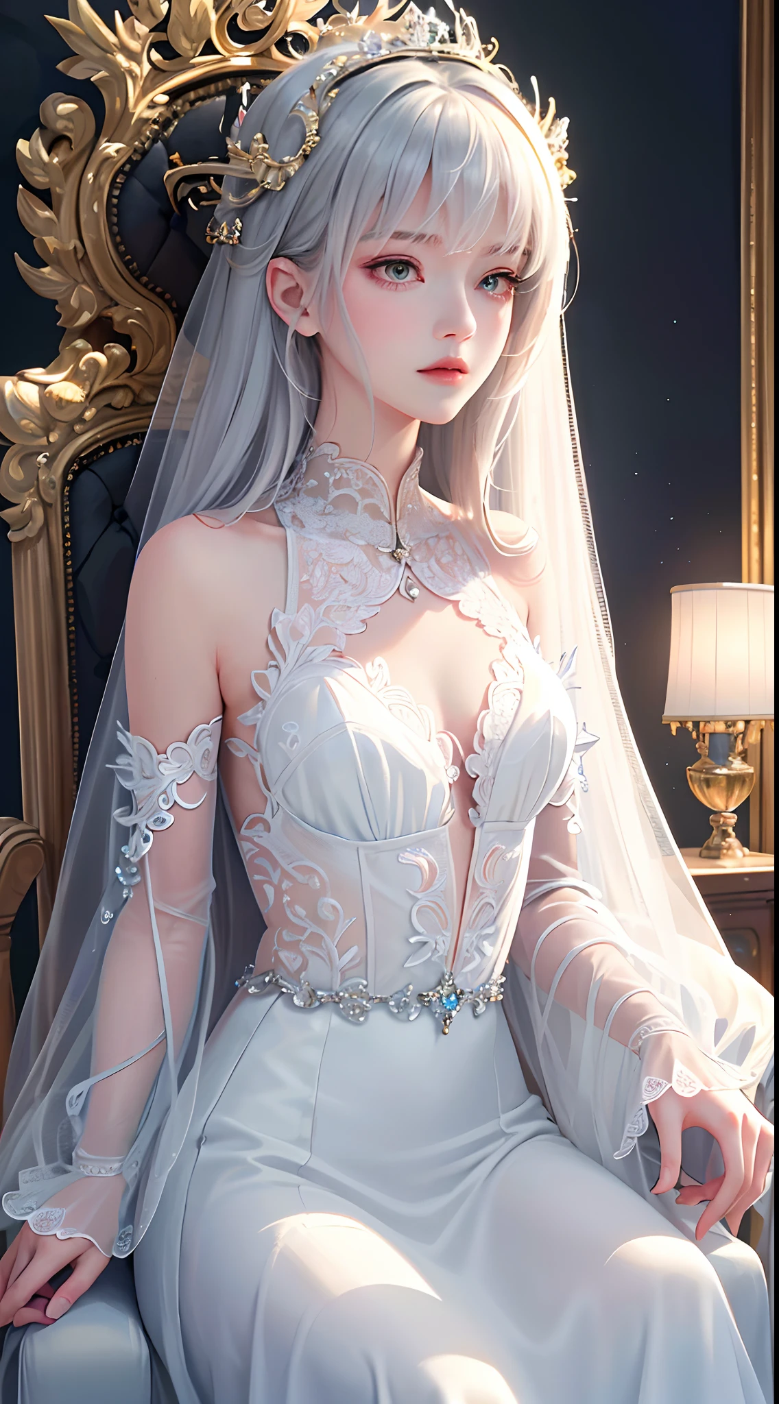 (Masterpiece:1.2), best quality, (illustration:1.2), (ultra-detailed), hyper details, (delicate detailed), (intricate details), (cinematic light, best quality Backlights), clear line, from below, soloist, perfect body, (1girl), white hair and yellow eyes, (emperor, black see-through clothes), (crown: 1.1), sitting on the throne, eyes slightly closed, head down, (shy: 1.2 ), (makeup), high contrast, (best illumination, an extremely create and beautiful), (cinematic light), colorful,