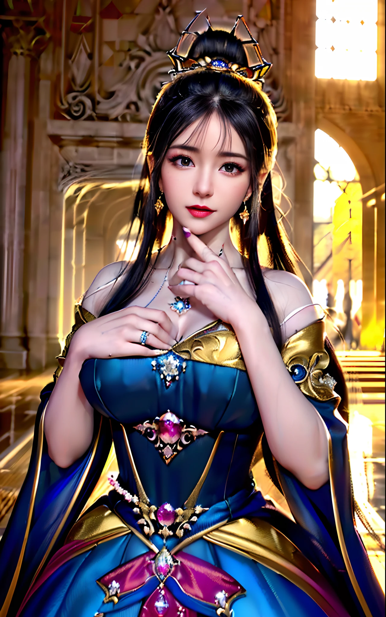 ((realisticity: 1.2)), ((realistic: 8K UHD)), ((best resolution: 8K UHD)), hyper detailed, best quality,masterpiece,highres,cg, ((1 girl hyper detailed and hyper realistic) ) , ((beautiful queen, hyper realistic and hyper detailed)),((white skin, beautiful, smooth, youthful, hyper realistic and hyper detailed )), ((Face hyper beautiful, white, hyper realistic and hyper detailed ) ), long hair, ((hyper realistic and hyper detailed dress)), solo, ((hyper realistic, hyper beautiful, beautiful and hyper detailed jewelry)), ((hyper beautiful deep red and golden yellow dress, hyper realistic and hyper detailed )) , ((Her pretty, hyper realistic, hyper detailed diamond filled earrings)), ((Her gorgeous diamond haircut, hyper realistic and hyper detailed)), ((hyper pretty upper body, hyper beautiful, hyper realistic and hyper detailed) ), ((medium breast: 1.5)), ((hyper realistic, hyper pretty, hyper detailed boobs)), ((the backgroun of the royal palace is hyper majestic, hyper realistic and hyper detailed)),((hands and palms hyper beautiful, hyper detailed, hyper realistic)), ((fingers: pinky finger, index finger, ring finger, middle finger, and thumb hyper realistic, hyper detailed, hyper beautiful)), ((hyper pretty, hyper pretty, hyper realistic and hyper detailed hair bun)), ((hyper pretty , hyper realistic and hyper detailed blue hair)), candid, Photo, high resolution, 8k , bokeh,