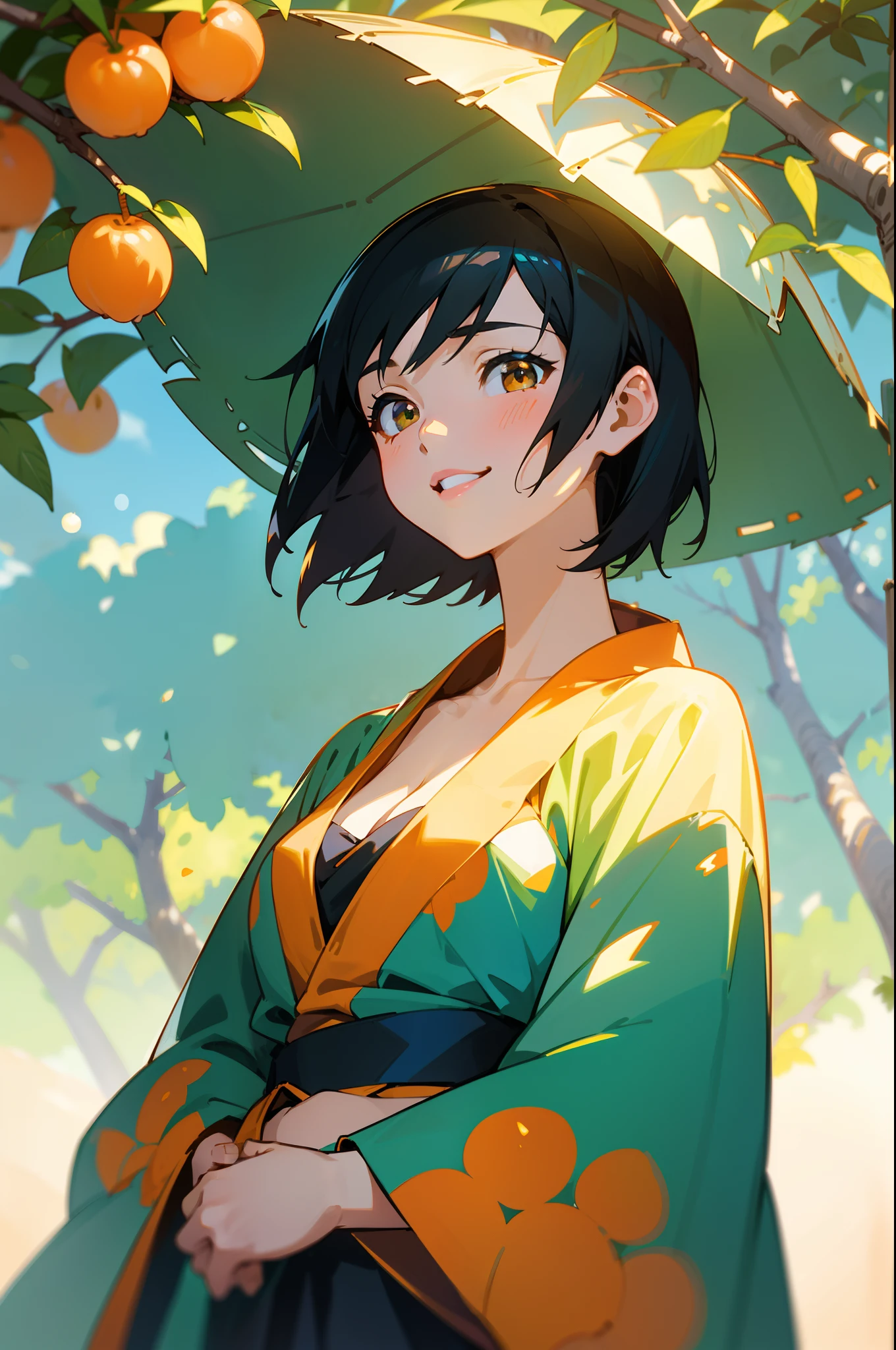 Illustration of a girl standing under an orange tree,closeup cleavage，Take orange fruit, for example，happy laughing，of a real， in the style of makoto shinkai, rural life scenes, Green, Sui Dynasty, Charming characters，Dreamy light and shadow，Beautiful anime girls，A girl in Hanfu，Fruitful orangeries