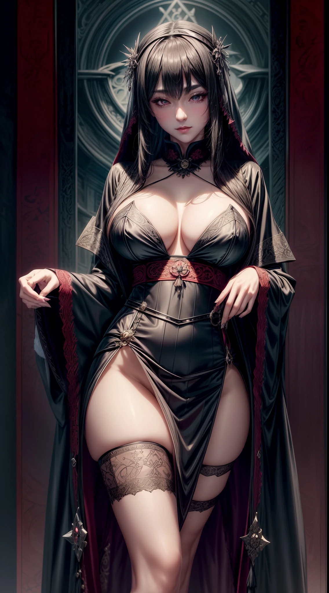 gothic priestess in kimono robe and midi skirt, satin, fur, (stockings), decollete, natural breasts, slim body, zettai ryouiki, medium length hair, beautiful detailed eyes, portrait, most realistic, highest quality, best pixels, 8k ultra