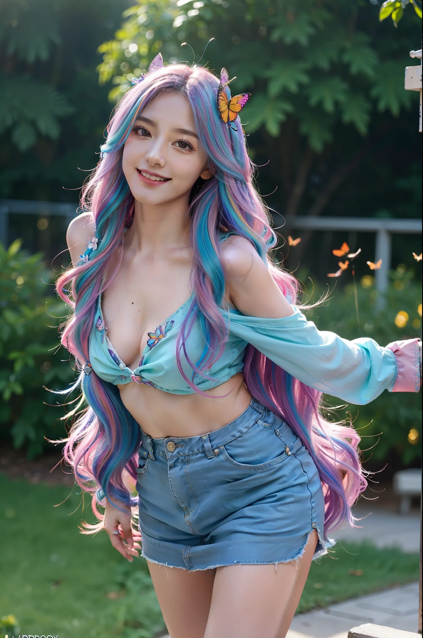 one-girl, long eyelasher, Smile, butterfly hair ornaments, Rainbow hair ,Cinematic texture, Sexy and stylish to wear, 8K, Best quality, hyper HD, Authentic skin texture, long and flowing hair,long slim figure,s delicate face,A plump chest,Full body photo,Background bokeh,exteriors,trpical garden