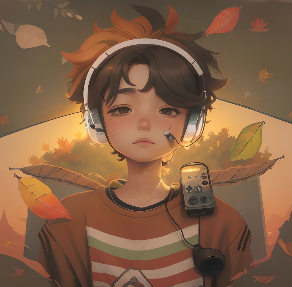 Cartoon of a boy with headphones and a sweater with leaves flying around him, 🍁 Pescador, Retrato de Lofi, Elogio Artstyle, Arte Lofi, anime vibes, ZERO vibrations, Lofi Sensation, Fanart de alta qualidade, vibe zero, 🍂 Pescador, zero, fanart detalhado, lofi aesthetic, Chillhop, Fanart oficial, Estilo Tyler Jacobson. cartoon