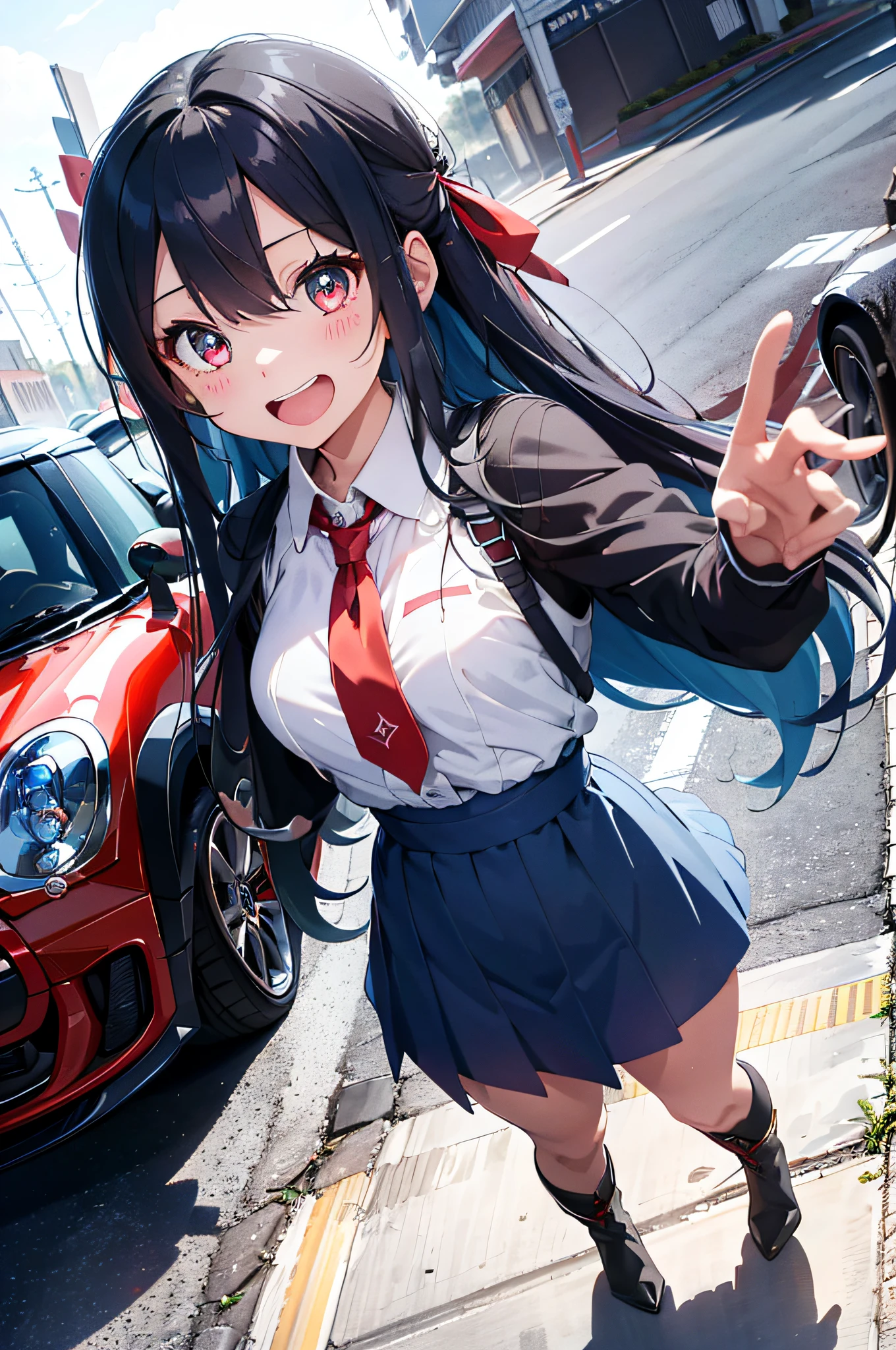 (top-quality、in 8K、32K、masterpiece、UHD、ighly detailed、Photorealsitic:1.2)、dynamic ungle、Full body, (Circuit field、sports car on the background、Mini:1.4)、sunlights、deep-shadows、Realistic pupils、Sharp pupils、detailed faces and eyes、beauitful face、18Old Beautiful Girl、shinny skin, Beautiful blue hair、Twin-tailed、Red Eyes、beauitful face、Bright lace queen outfit、a miniskirt、Wearing boots、Absolute area、Tie your hair with a big red ribbon、Curve、raise arms、Opens mouth and laughs、dynamicposes、