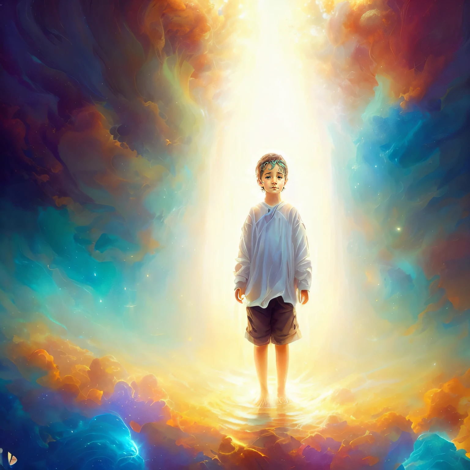 Image of a boy in the middle of a sky full of clouds, Obra-prima da luz brilhante, inspirado em Cyril Rolando, Cyril Rolando e Goro Fujita, luz sobre o menino, dreamlike digital painting, Luz majestosa, cercado de nuvens e luz, luz celestial, Rob Rey, Directed by: Cyril Rolando, Cyril Rolando e M.w kaluta |