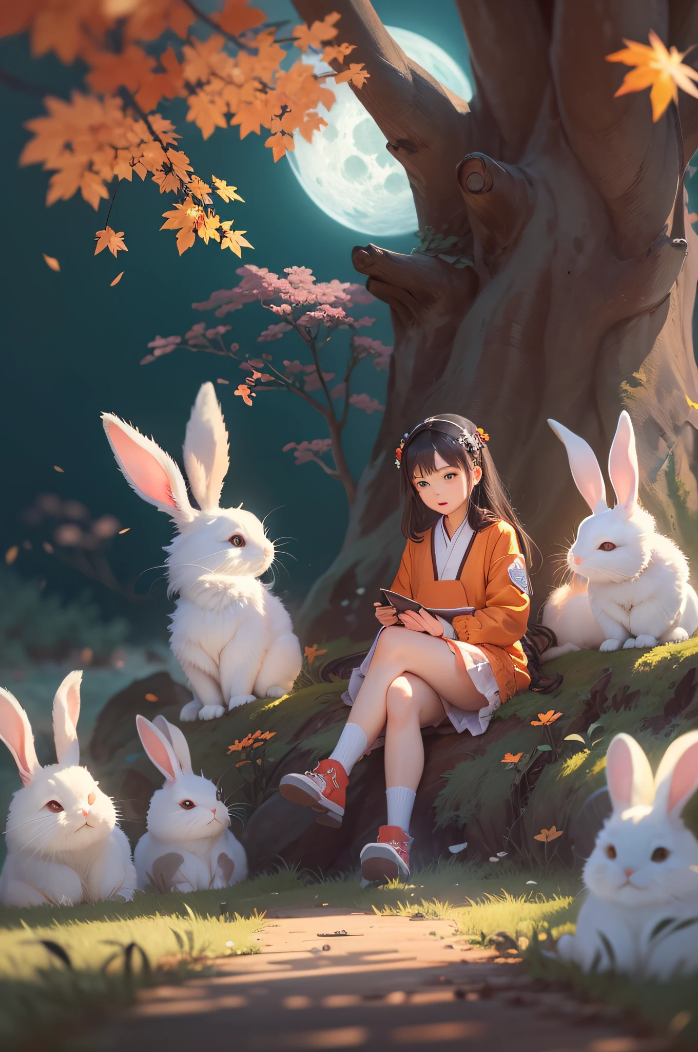 There was a girl sitting in a tree,There are rabbits in the grass, a forest with bunnies, Guviz-style artwork, Ross Tran 8 K, Fantasy art style, adorable digital art, style of anime4 K, lovely digital painting, Anime art wallpaper 4k, Anime art wallpaper 4 K, Anime art wallpaper 8 K, Cute detailed digital art