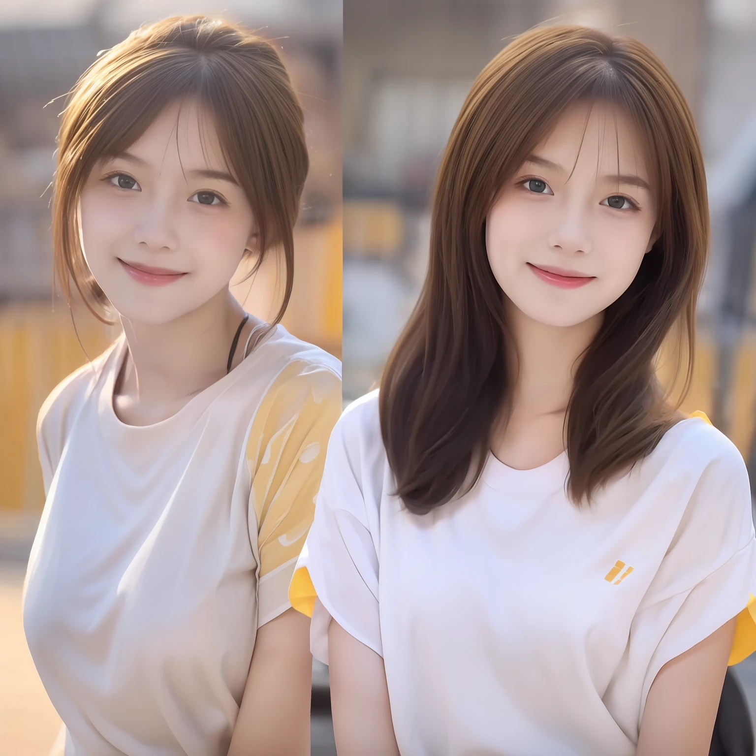 1 girl，13 year old，brown  hair，Yellow people，Hair is slightly curled，The upper part of the body，Cup B，Face the audience，Wear a white short-sleeved top，Smile Expression，No hands appear(8K, Best quality, Masterpiece:1.2), (Realistic, photo-realistic:1.37), Ultra-detailed，
