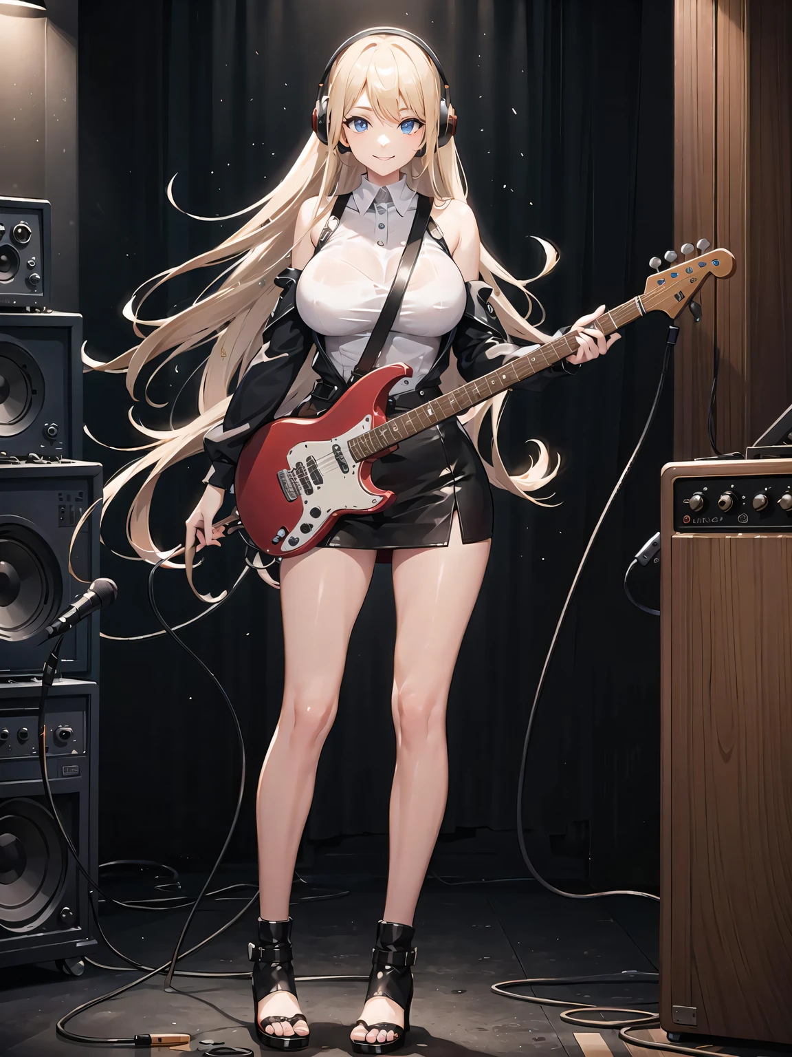 ((masterpiece,best quality))1girl, solo, blue eyes, electric guitar, guitar, headphones, holding, holding plectrum, instrument, long hair,  music, one side up, blonde hair, playing guiter, miniskirt, indoors,gigantic breasts,light smile, lusamine \(pokemon\),