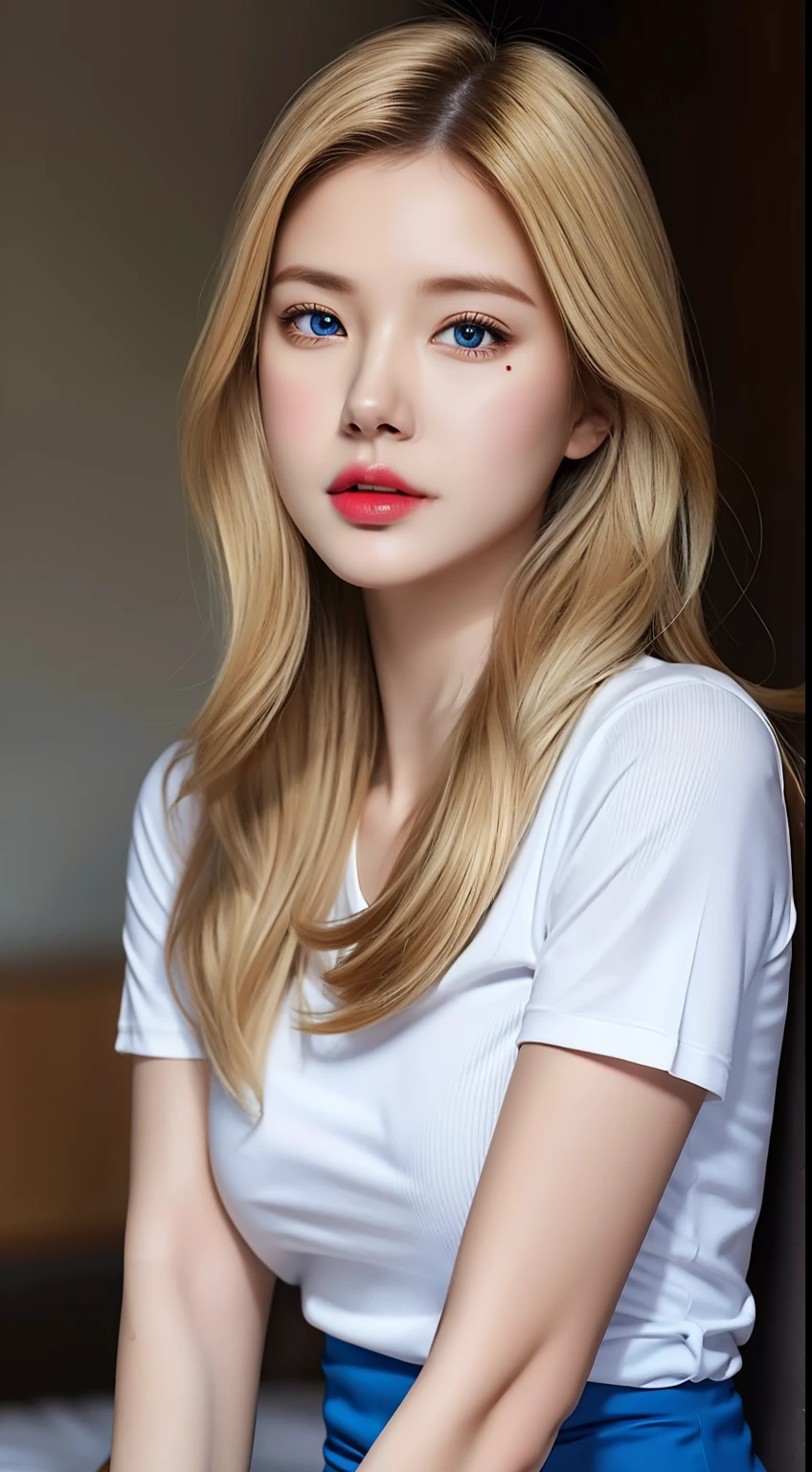 (hyperrealistic), (illustration), (high resolution), (8K), (extremely detailed), (best illustration), (beautiful detailed eyes), (best quality), (ultra-detailed), (masterpiece), (wallpaper), (photorealistic:1.4), (natural light), (rim lighting), (detailed face), high detailed realistic asian skin texture, anatomically correct, solo, 1 girl, (high detailed realistic long blonde hair:1.3), heterochromic eyes, (detailed blue eyes), small moles under the eyes, (big breasts:1.5), long legs, tight abs, dynamic pose, white tight yoga t-shirt, (upon body from head to thighs:1.3)