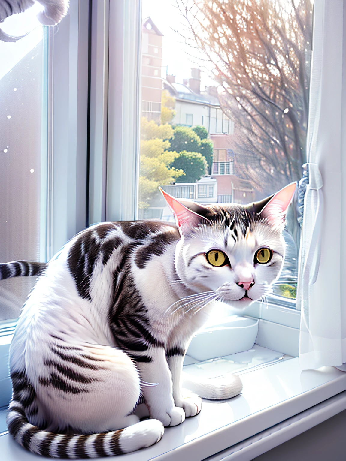 There is a cat sitting on the window sill, けもの, taken with sony alpha 9, white ( Cat ) girl, with an intricate!!, proud looking away, sora as a cat, Cat on the windowsill, taken with canon 8 0 d, Detailed!!, cute furry needs your help, !!Beautiful!!, sitting on the window sill