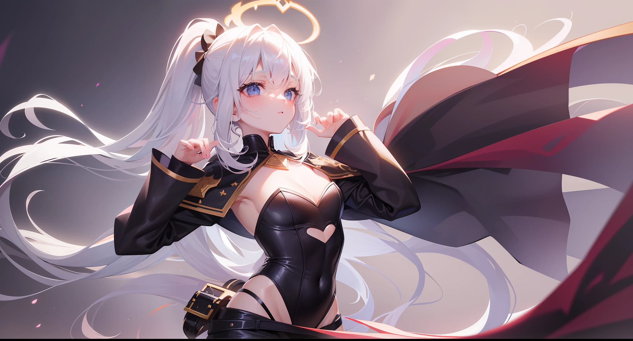 HighestQuali,tmasterpiece,Need,A high resolution,1girll,Black leather panties,Detailed panties,nabel,bared chest(Place your hands on your chest),Black cape,floating in air,Ambilight,Black glow,There is a huge magic array behind it,eye closeds,A black sword floated beside him,White color hair,High ponytail,Divine sense top light