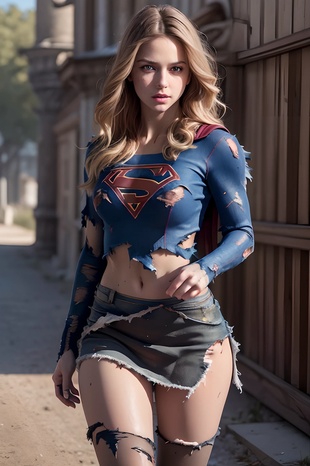 8k, best quality, real picture, intricate details, ultra-detailed, ultra highres, depth field,(photorealistic,realistic:1.2),masterpiece,photo of european girl, supergirl, (bruise, dirty, torn clothes, revealing clothes, blood:1.3), blue eyes, blonde hair, long hair, ripped cape, ripped pantyhose, superhero, solo, sun, blue sky,
best quality, realistic, photorealistic, (intricate details:1.2), (delicate detailed), (cinematic light), clear line, sharp focus, realistic face, detailed face,
unity 8k wallpaper, ultra high res, (photorealistic:1.4), looking at viewer