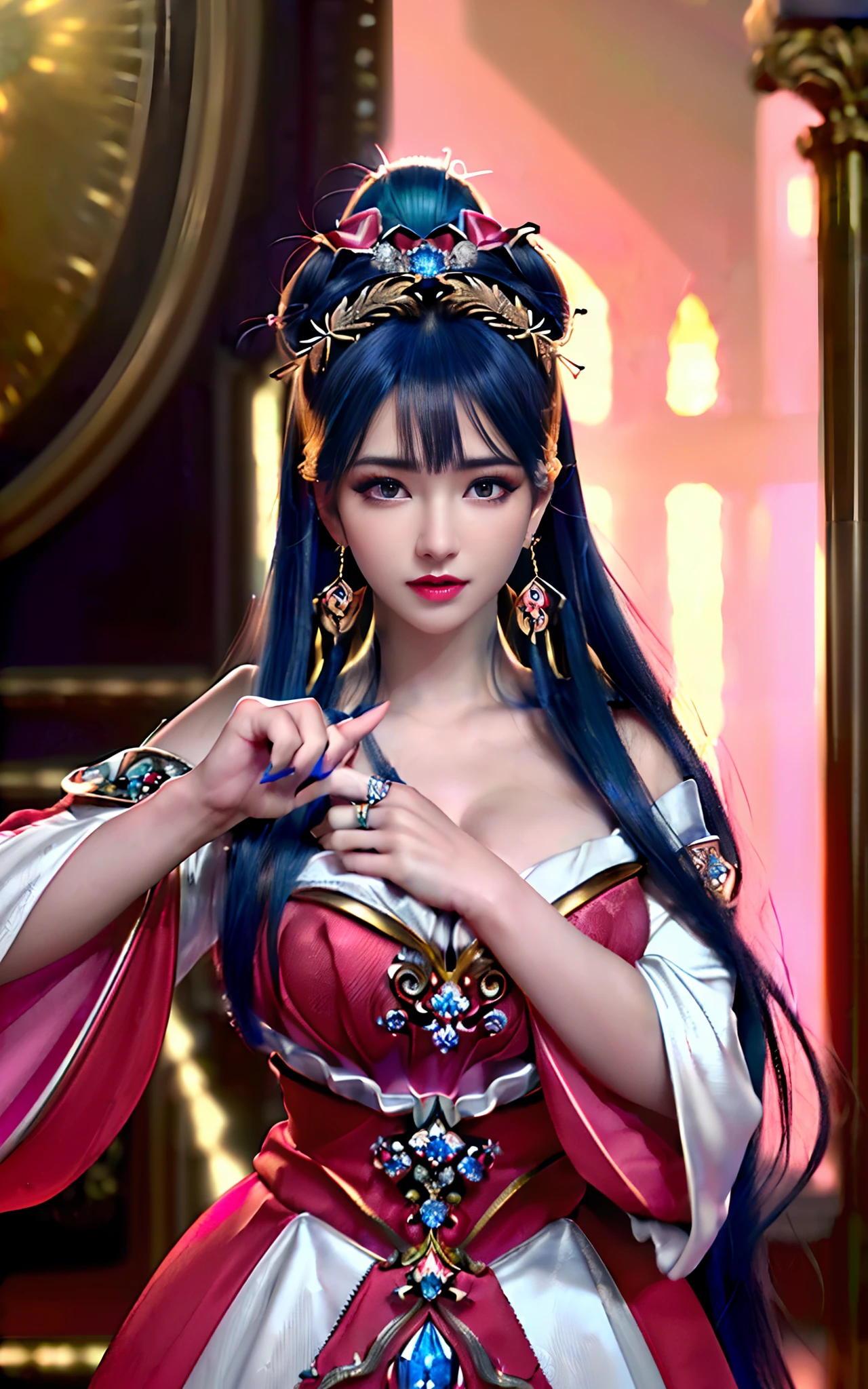((realisticity: 1.2)), ((realistic: 8K UHD)), ((best resolution: 8K UHD)), hyper detailed, best quality,masterpiece,highres,cg, ((1 girl hyper detailed and hyper realistic) ) , ((beautiful queen, hyper realistic and hyper detailed)),((white skin, beautiful, smooth, youthful, hyper realistic and hyper detailed )), ((Face hyper beautiful, white, hyper realistic and hyper detailed ) ), long hair, ((hyper realistic and hyper detailed dress)), solo, ((hyper realistic, hyper beautiful, beautiful and hyper detailed jewelry)), ((hyper beautiful deep red and golden yellow dress, hyper realistic and hyper detailed )) , ((Her pretty, hyper realistic, hyper detailed diamond filled earrings)), ((Her gorgeous diamond haircut, hyper realistic and hyper detailed)), ((hyper pretty upper body, hyper beautiful, hyper realistic and hyper detailed) ), ((medium breast: 1.5)), ((hyper realistic, hyper pretty, hyper detailed boobs)), ((the backgroun of the royal palace is hyper majestic, hyper realistic and hyper detailed)),((hands and palms hyper beautiful, hyper detailed, hyper realistic)), ((fingers: pinky finger, index finger, ring finger, middle finger, and thumb hyper realistic, hyper detailed, hyper beautiful)), ((hyper pretty, hyper pretty, hyper realistic and hyper detailed hair bun)), ((hyper pretty , hyper realistic and hyper detailed blue hair)), candid, Photo, high resolution, 8k , bokeh,