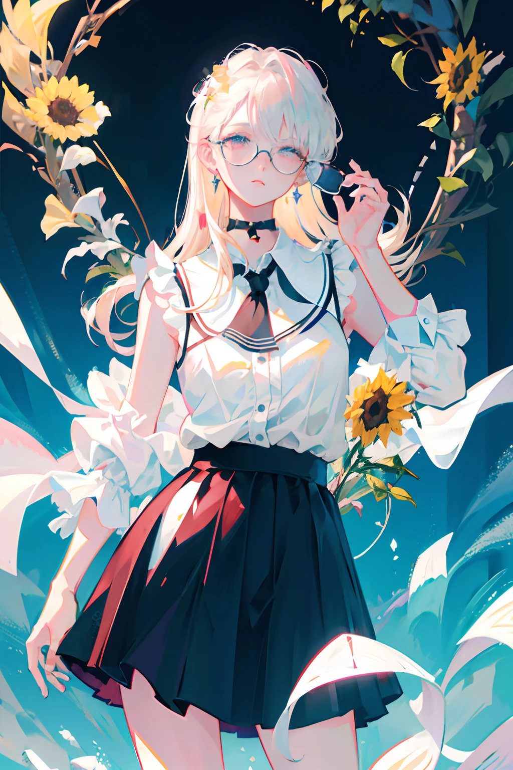 best quality, ultra high res, (photorealistic:1.4), 1woman, sleeveless white button shirt, black skirt, black choker, ((glasses)), (Kpop idol), (aegyo sal:1), (platinum blonde grey hair:1), ((puffy eyes)), looking at viewer, full body, flowers