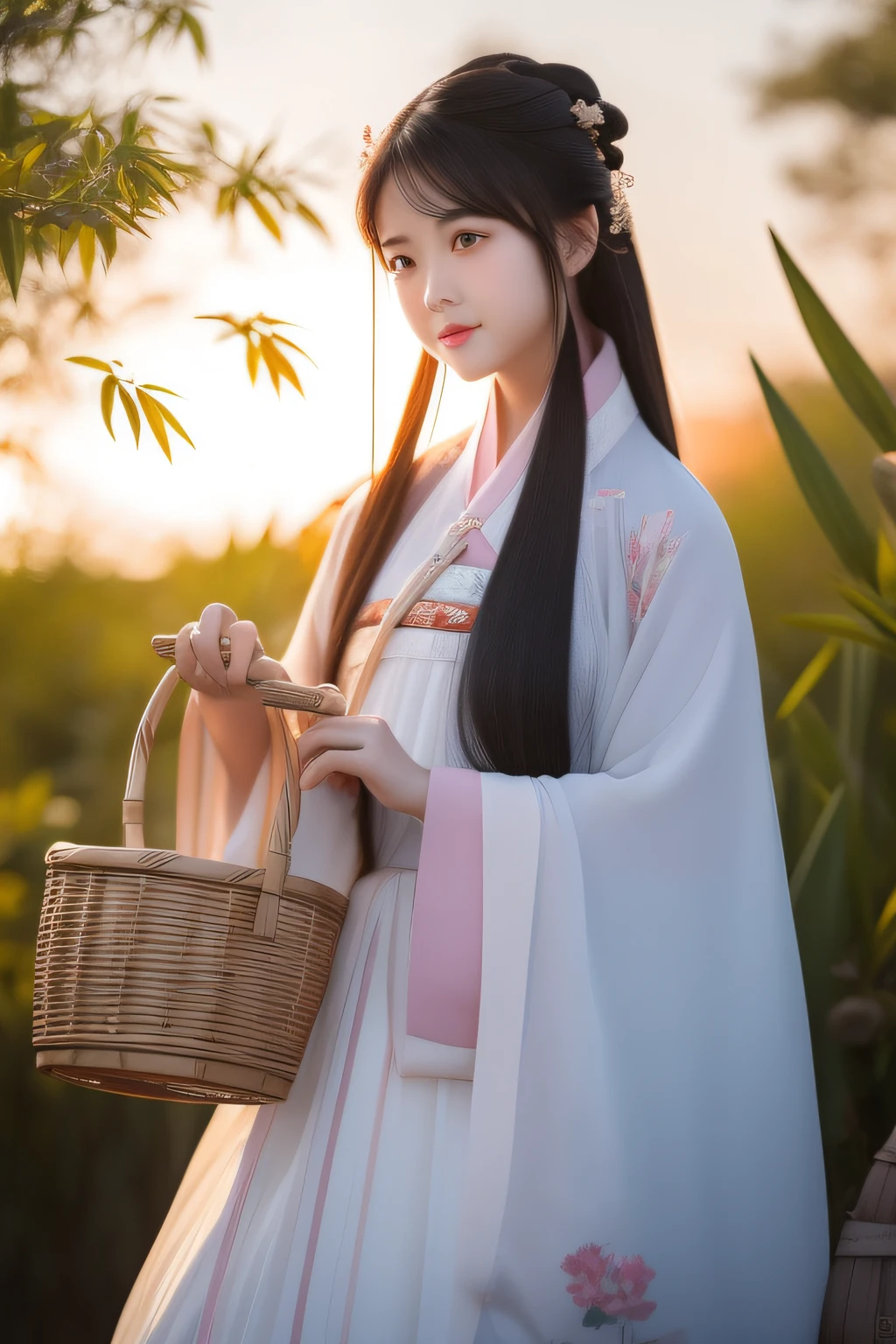 The sky is full of sunsets, The Hanfu woman walked slowly with a basket full of bamboo shoots, She has delicate facial features