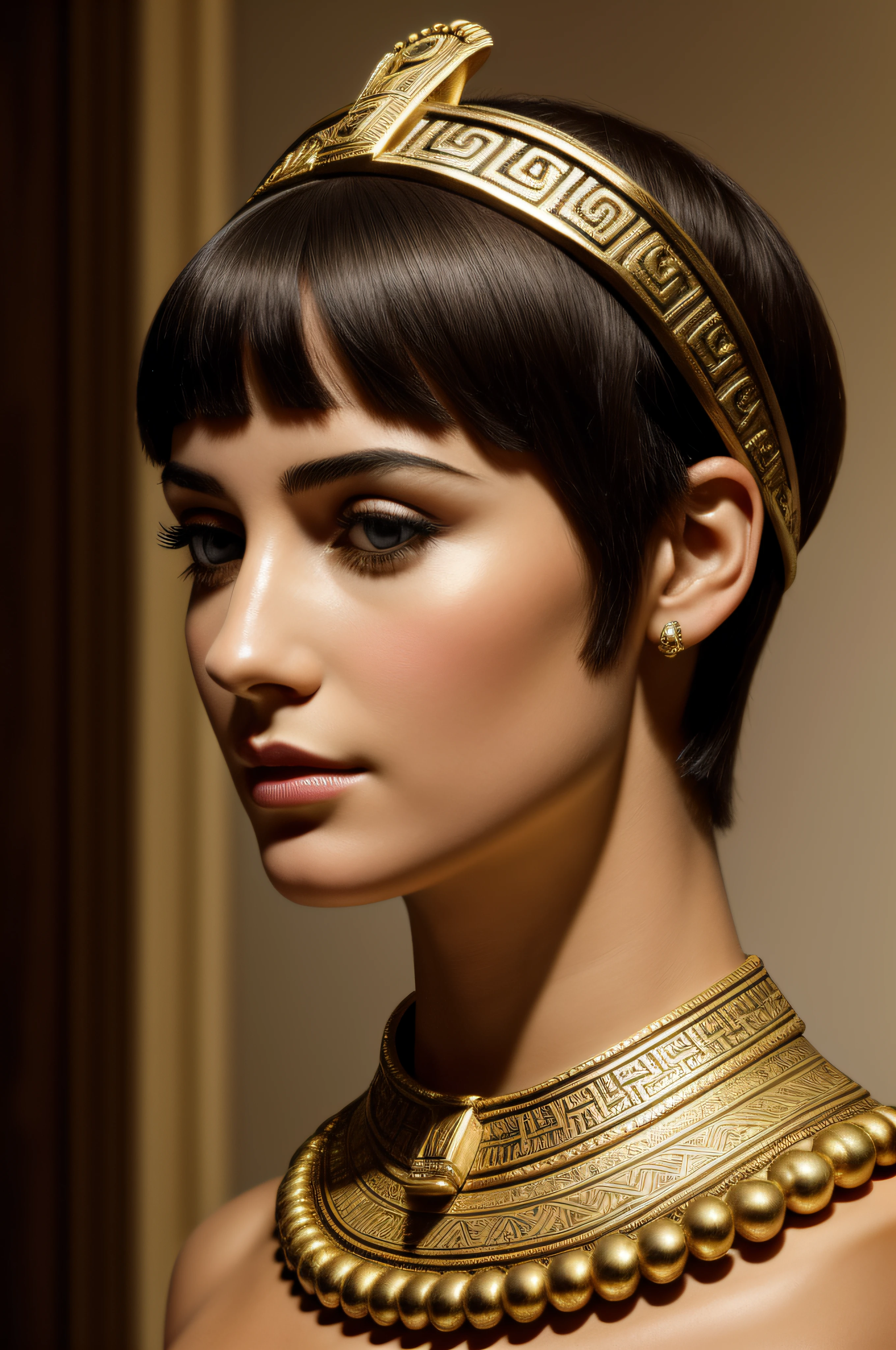 a close up of a woman with a short hair, portrait of cleopatra, cleopatra portrait, hestiasula head, bust, female head, female face and bust, head in profile, portrait bust of woman, half - length head portrait, portrait bust of young woman, portrait of age aphrodite, portrait of a goddess, cleopatra with typical long greek nose, inspired by the bust of cleopatra in the Berlin museum, photorealistic, high intricate detail, photo raw