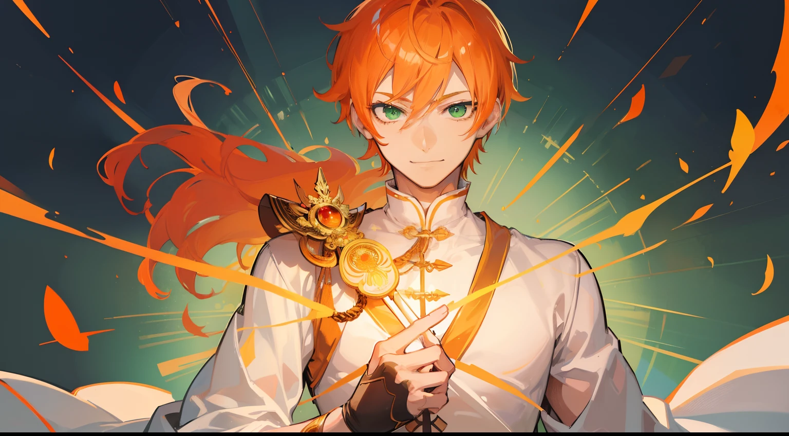 ((((One guy)))),Smile,(((Guy))), (((man))), (((Man's))),(((masutepiece))), (((Beautiful lighting))),(((muscular))),(((man))),),(((Green eyes))),(((Orange hair))), Male face,male eyebrows, Male Eyes, Eyelashes, Medium Hair,Beautiful face, v shaped_eyebrow,White skin,Transparent wings,Chinese_Clothes,(((Black clothes,)))garters_lanyard, See-through,The light of the Buddha shines, holy,