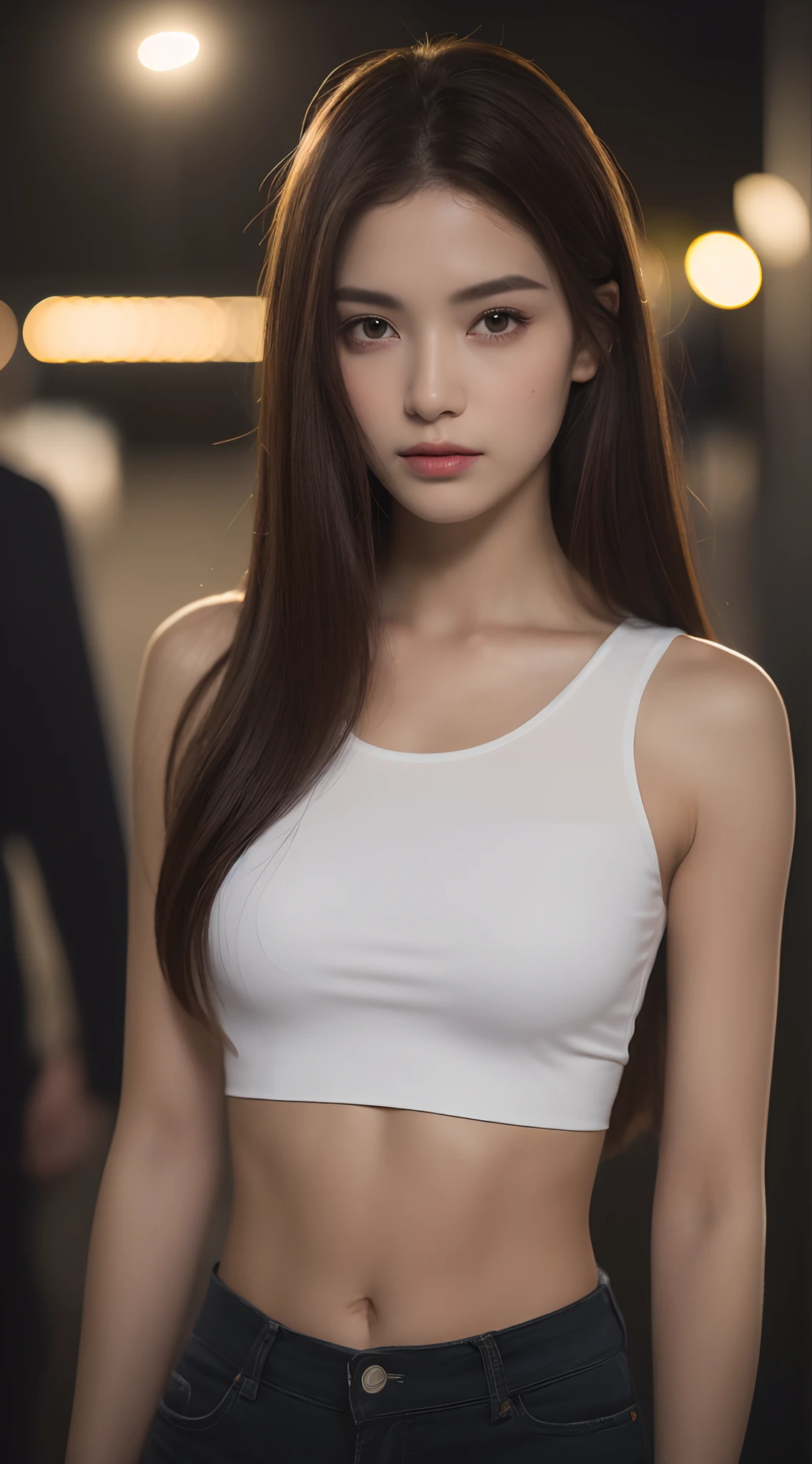 ((Realistic lighting, Best quality, 8K, Masterpiece: 1.3)), Clear focus: 1.2, 1girl, Perfect Figure: 1.4, Slim Abs: 1.1, ((Dark brown hair)), (White crop top: 1.4), (Outdoor, Night: 1.1), City streets, Super fine face, Fine eyes, Double eyelids,