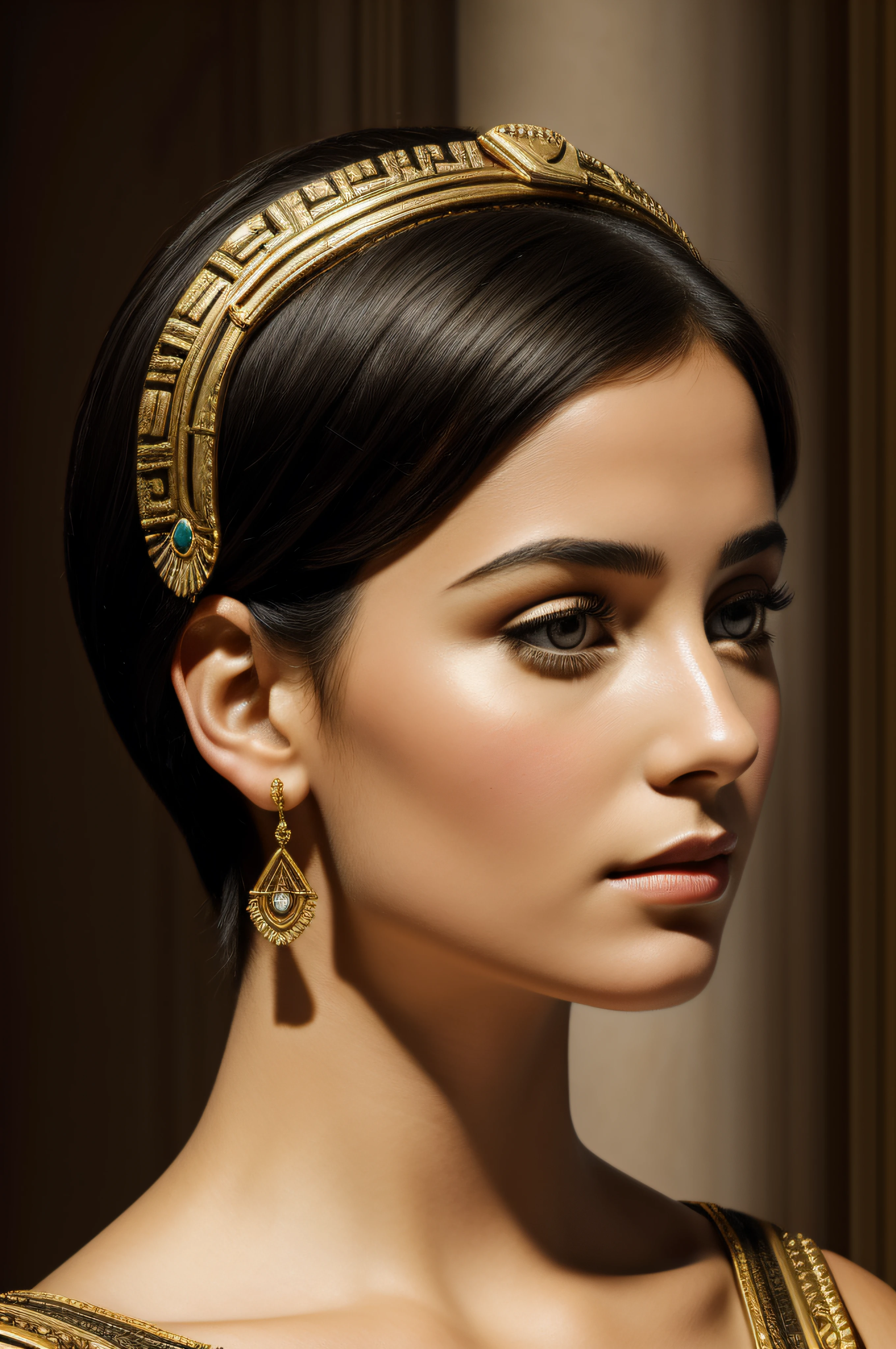 a close up of a woman with a short hair, portrait of cleopatra, cleopatra portrait, hestiasula head, bust, female head, female face and bust, head in profile, portrait bust of woman, half - length head portrait, portrait bust of young woman, portrait of teenage aphrodite, portrait of a goddess, cleopatra with typical long greek nose, inspired by the bust of cleopatra in the Berlin museum, photorealistic, high intricate detail, photo raw